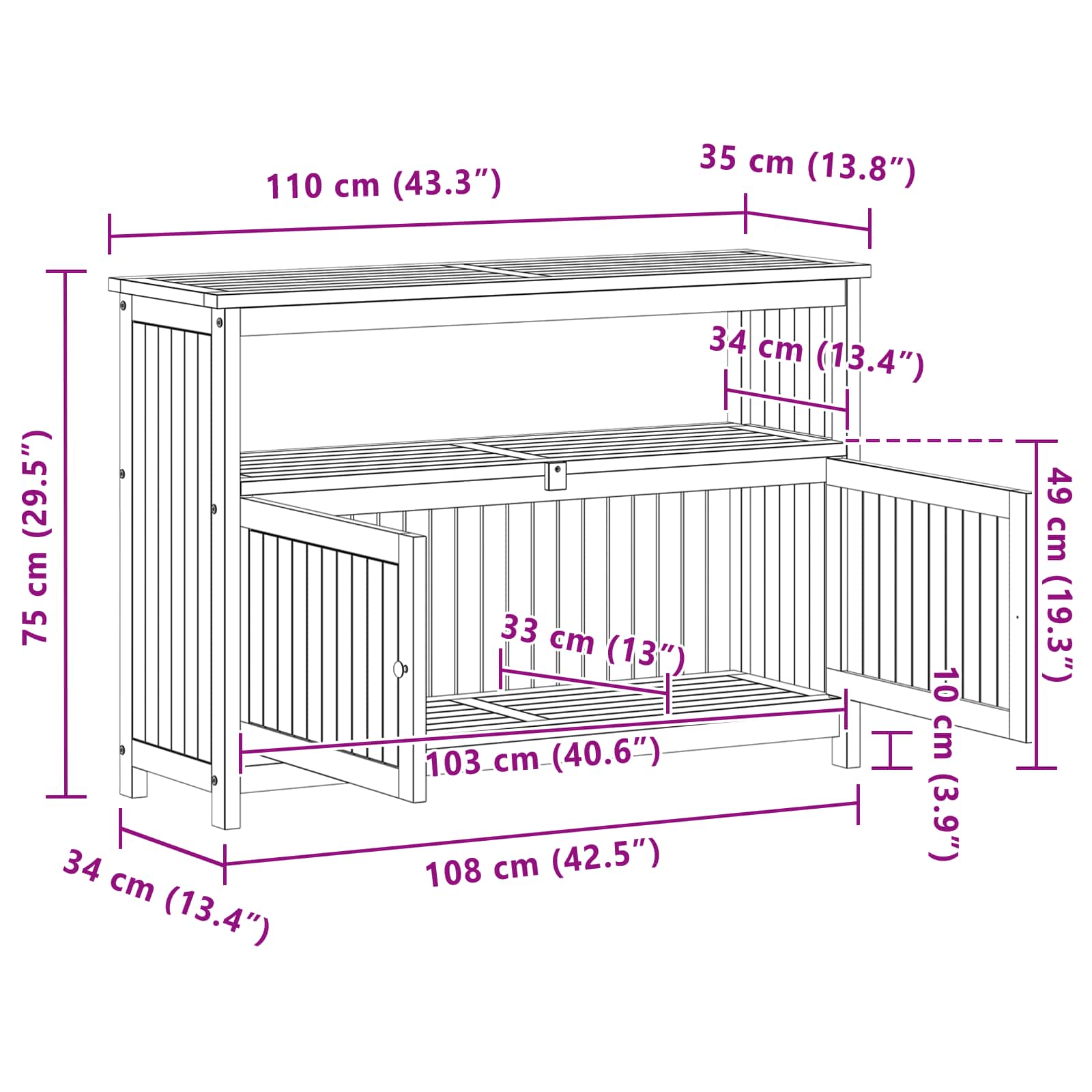 Gartenkonsole Tisch Helles Akazienholz 110 x 35 x 75 cm
