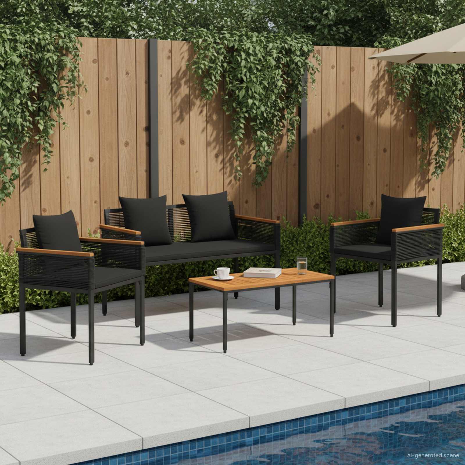 Gartenmöbel Set mit Kissen 4 pcs Schwarz Poly-Rattan