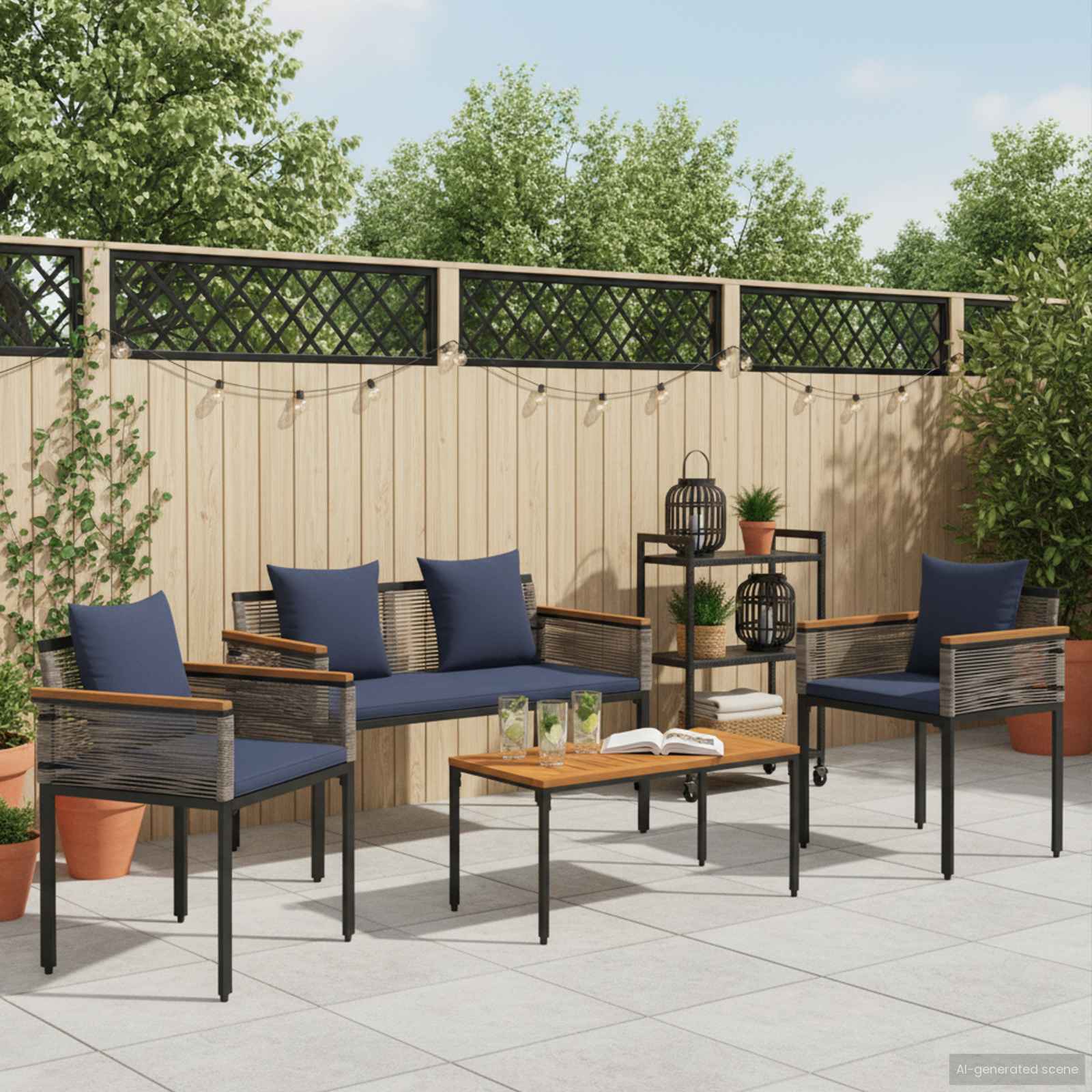 Gartenmöbel Set mit Kissen Grau und Marineblau Poly-Rattan