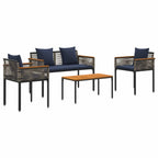Gartenmöbel Set mit Kissen Grau und Marineblau Poly-Rattan