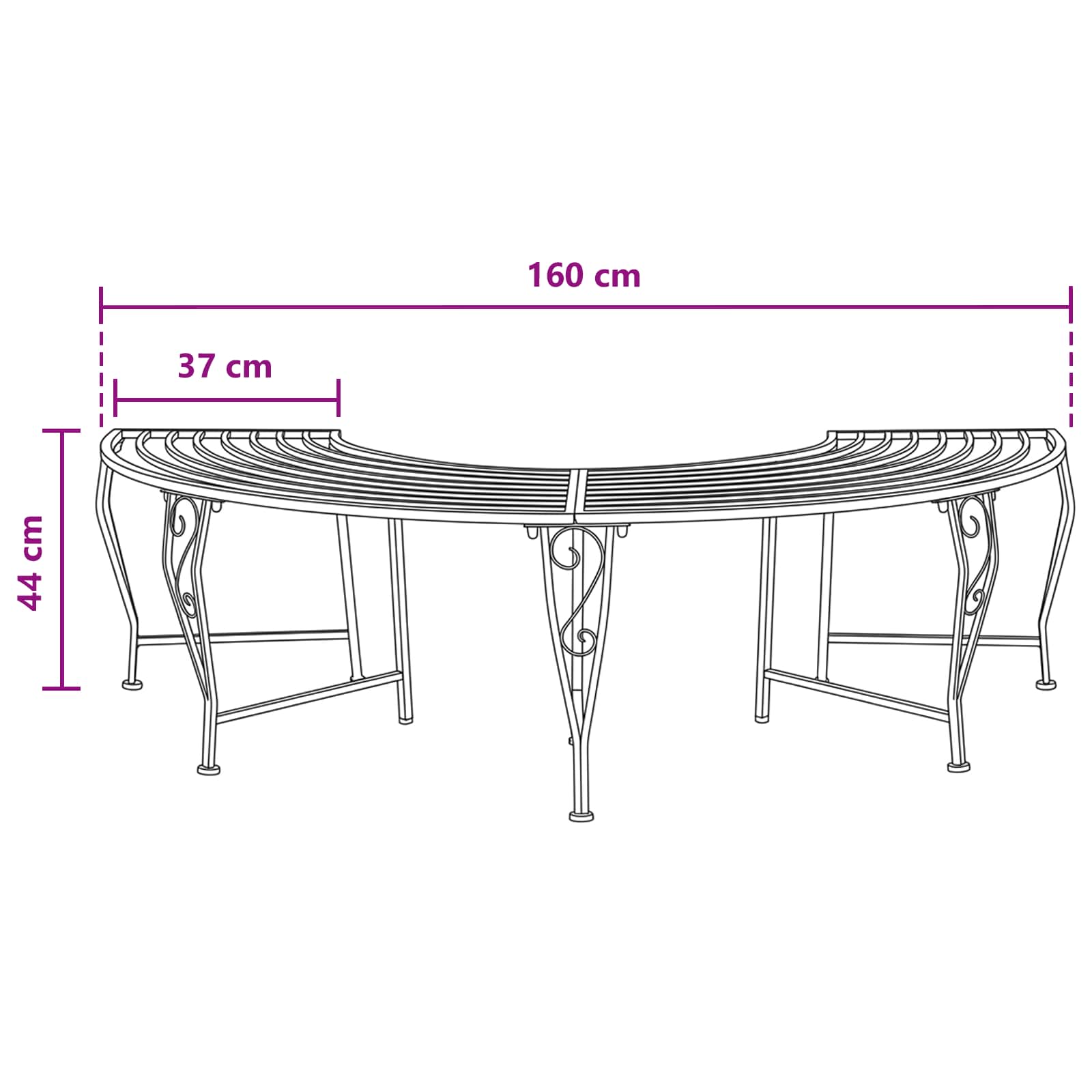 Baumbank 4-Sitzanzahl 160 x 80 x 44 cm Stahl Schwarz
