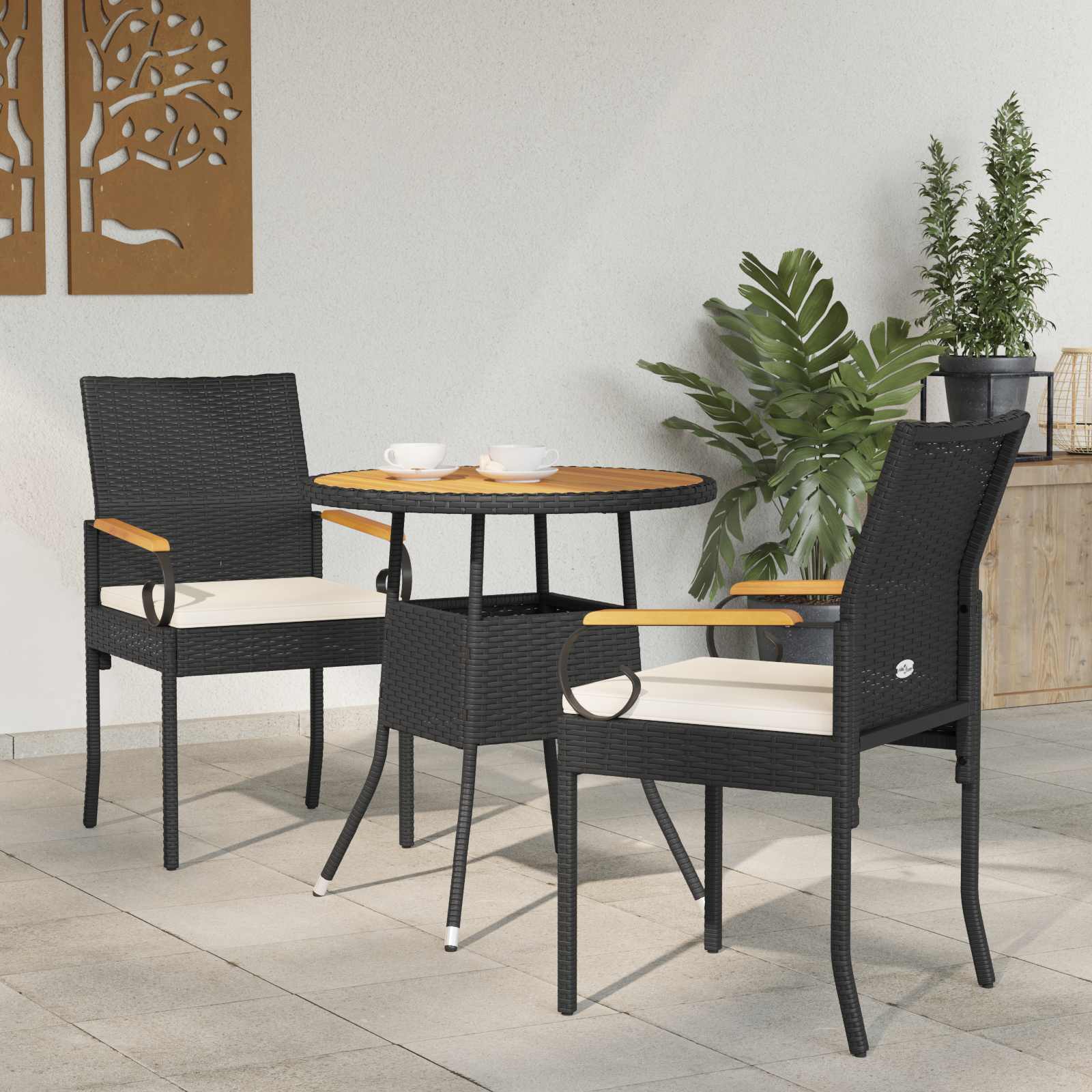 Gartenstühle 2 pcs Schwarz und Cremeweiß Poly-Rattan und Akazie