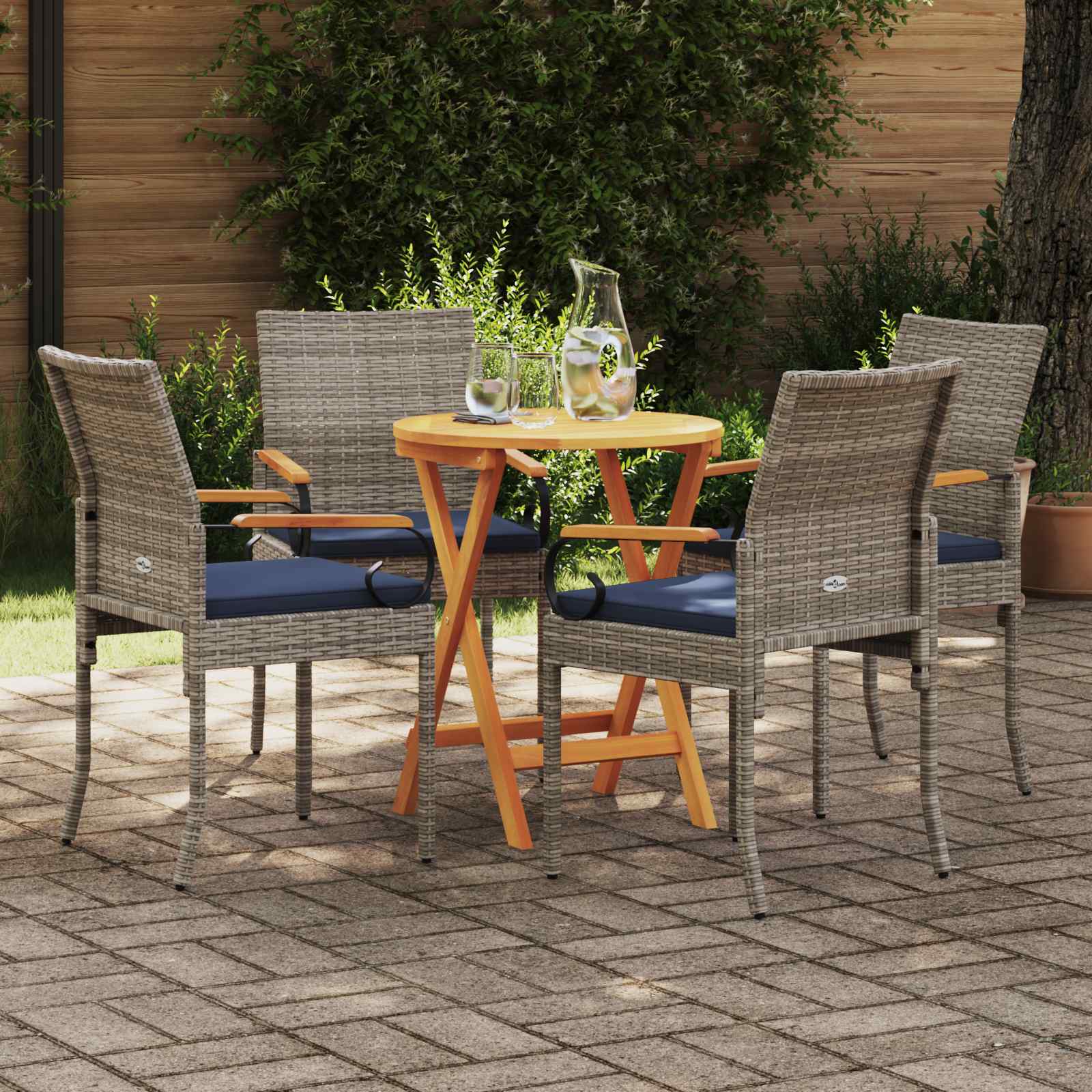 Gartenstühle 4 pcs Grau und Marineblau Poly-Rattan und Akazie