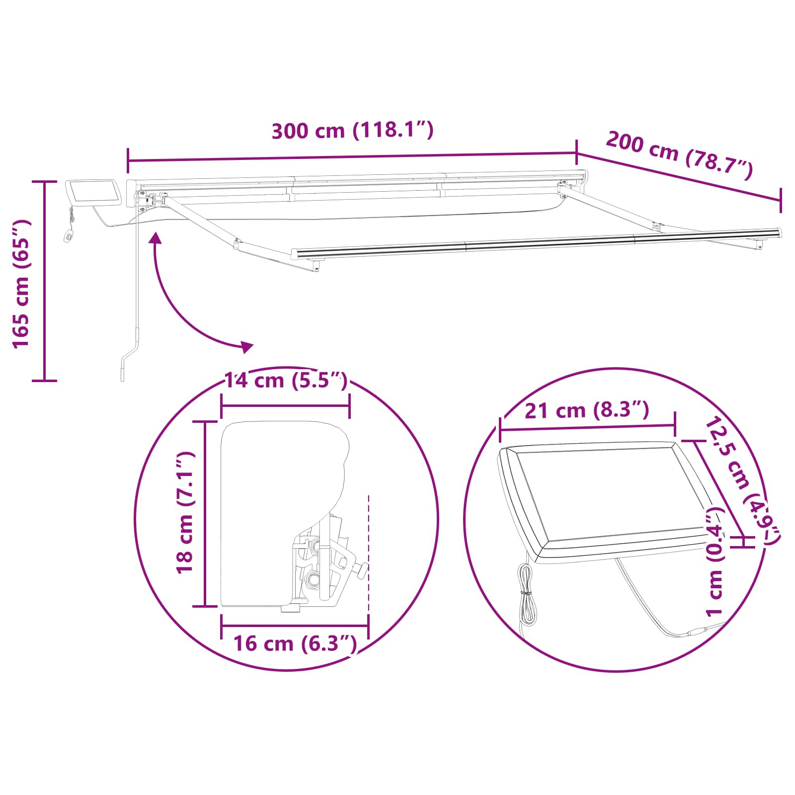 Manueller Markisenrahmen mit LEDs Weiß 3 x 2 m Aluminium