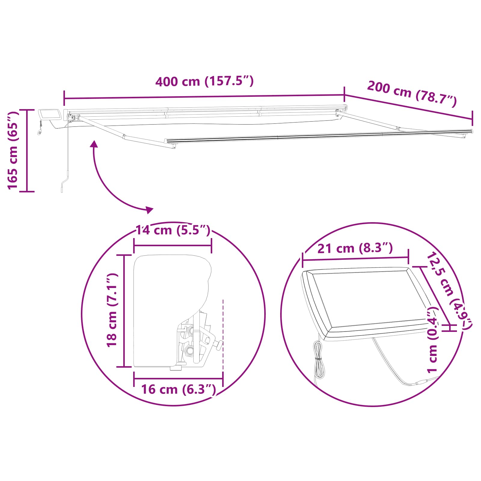 Manueller Markisenrahmen mit LEDs Weiß 4 x 2 m Aluminium