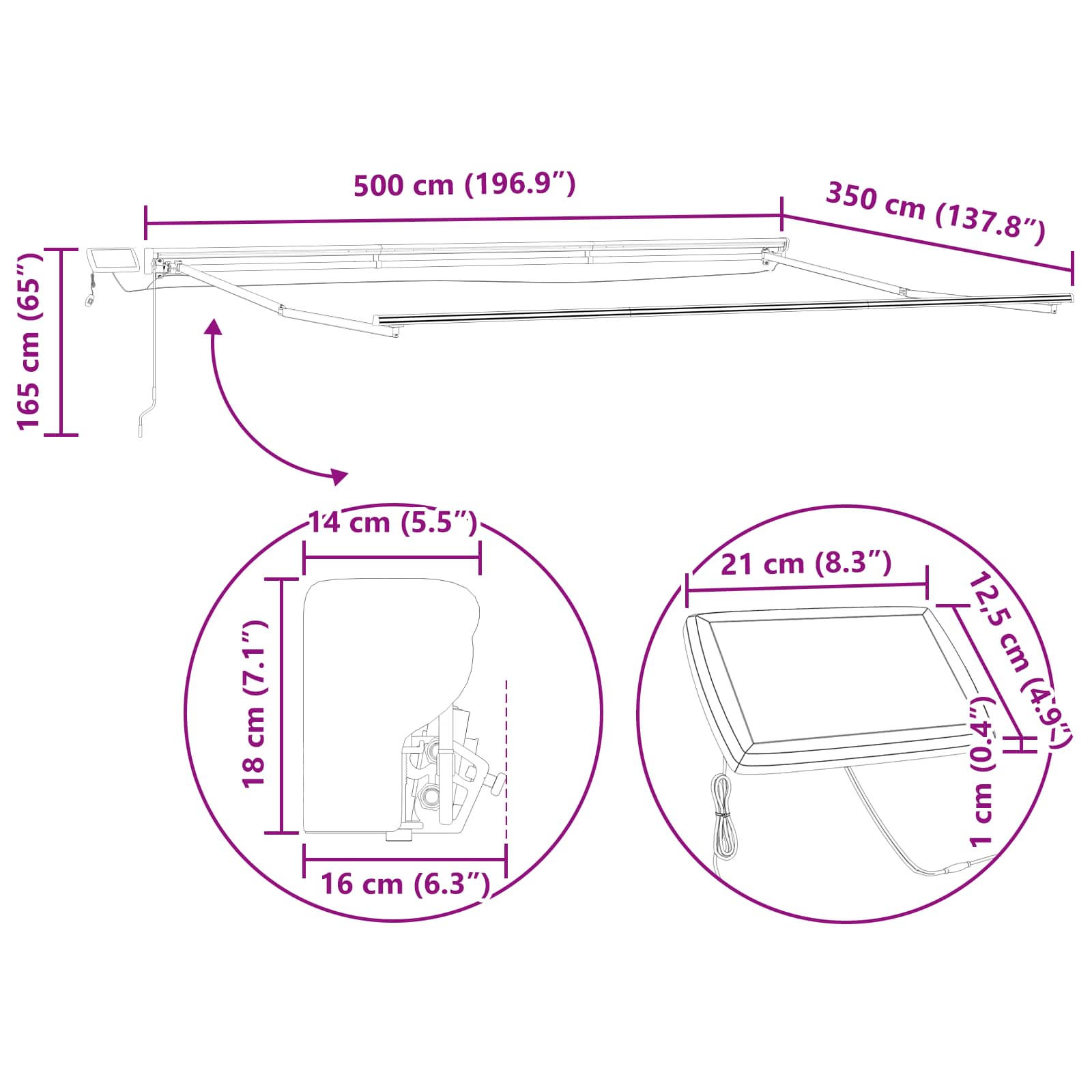 Manueller Markisenrahmen mit LEDs Weiß 5 x 3,5 m Aluminium