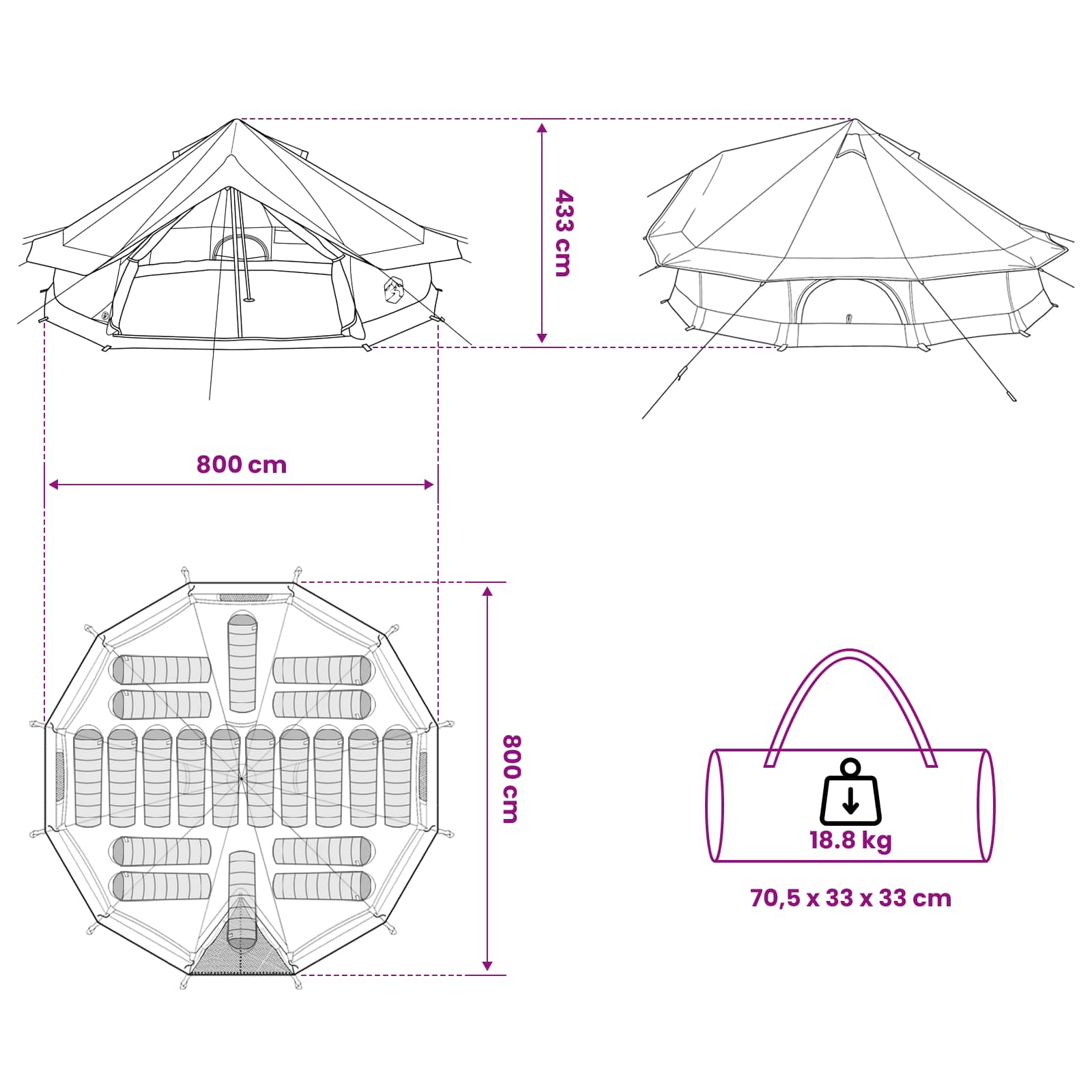 Tipi Zelt mit Dach Blau 800 x 800 x 430 cm Polyester und Stahl