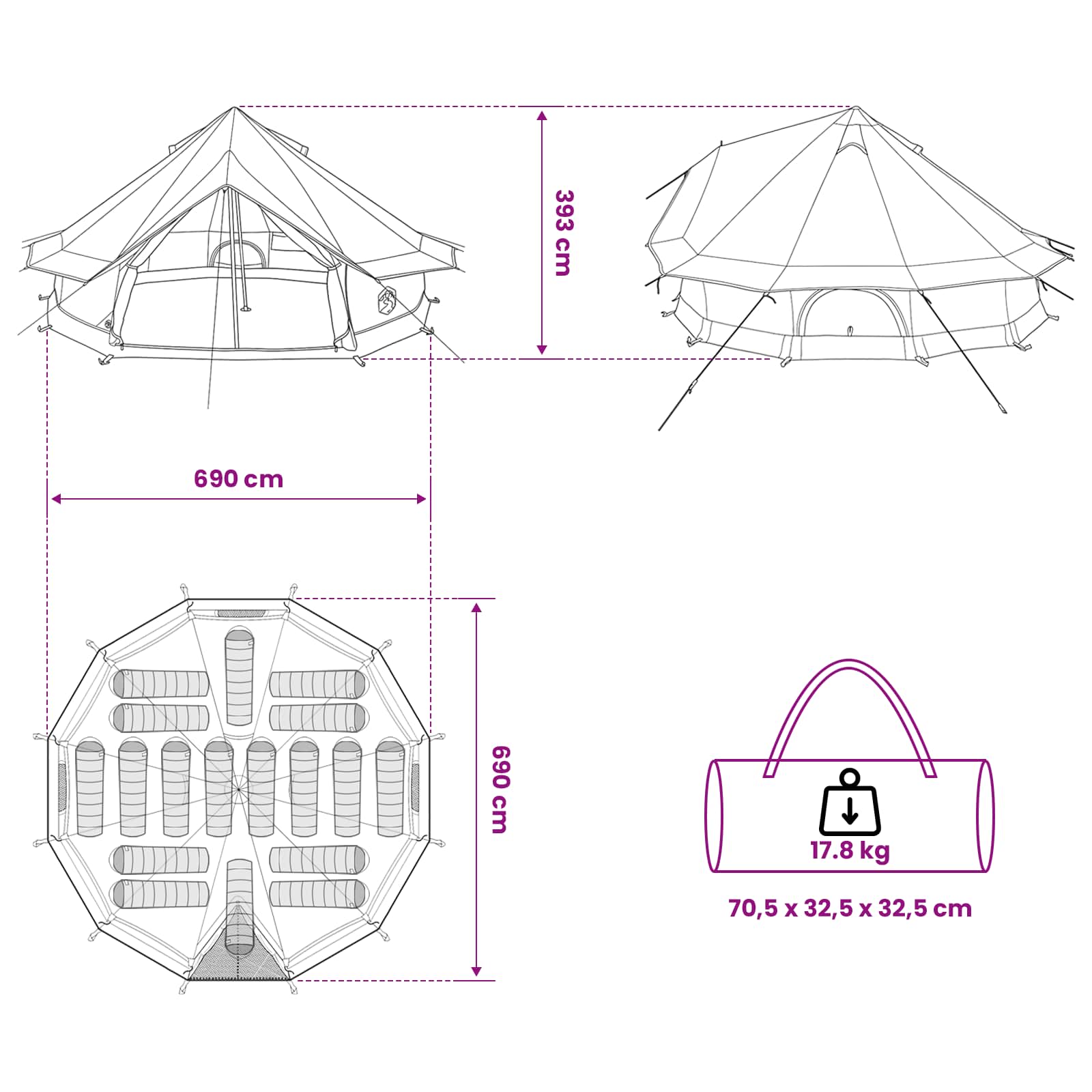 Tipi Zelt Braun Grau 700 x 700 x 395 cm Polyester und Stahl
