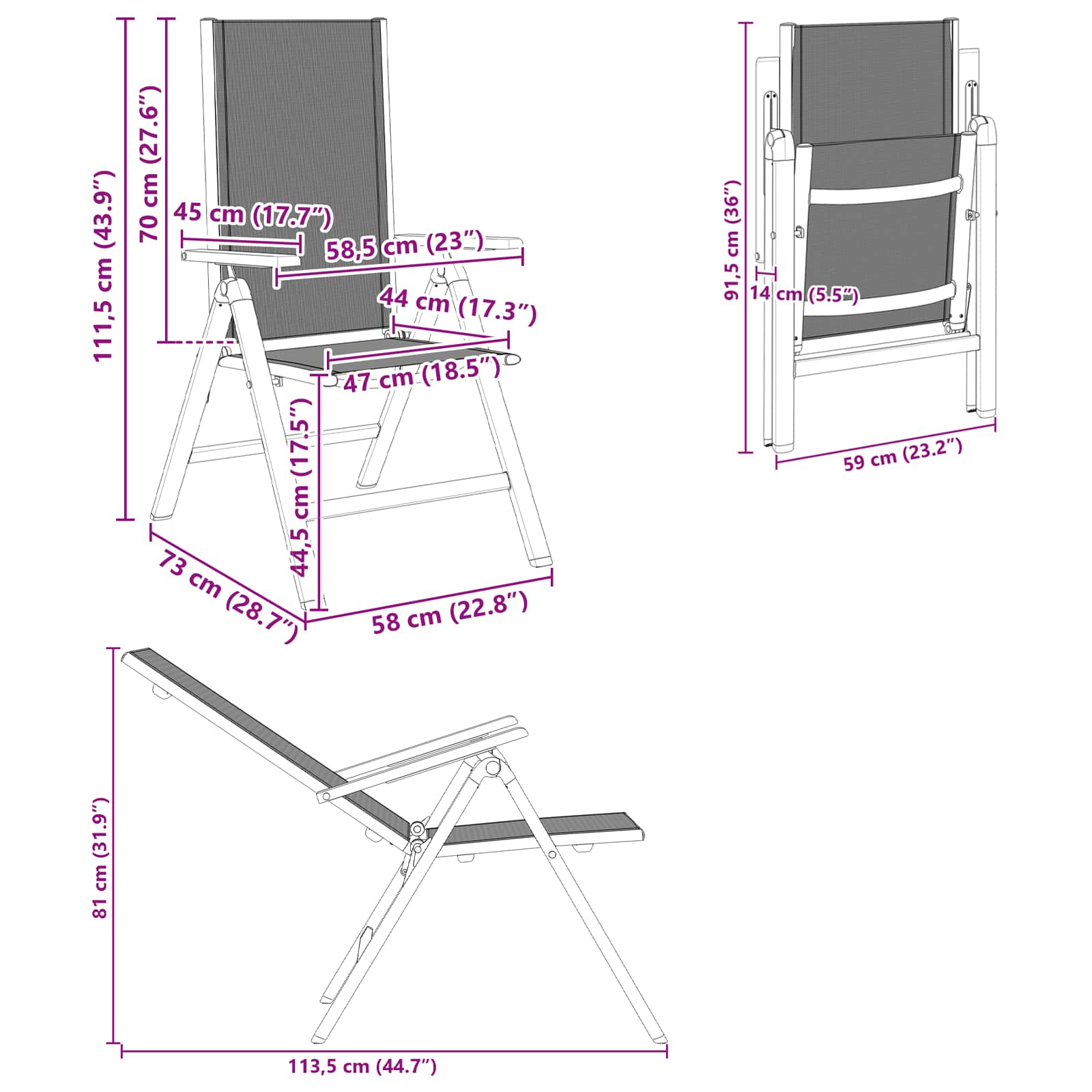 Liegestühle für den Garten 2 pcs Schwarz 58 x 73 x 111,5 cm