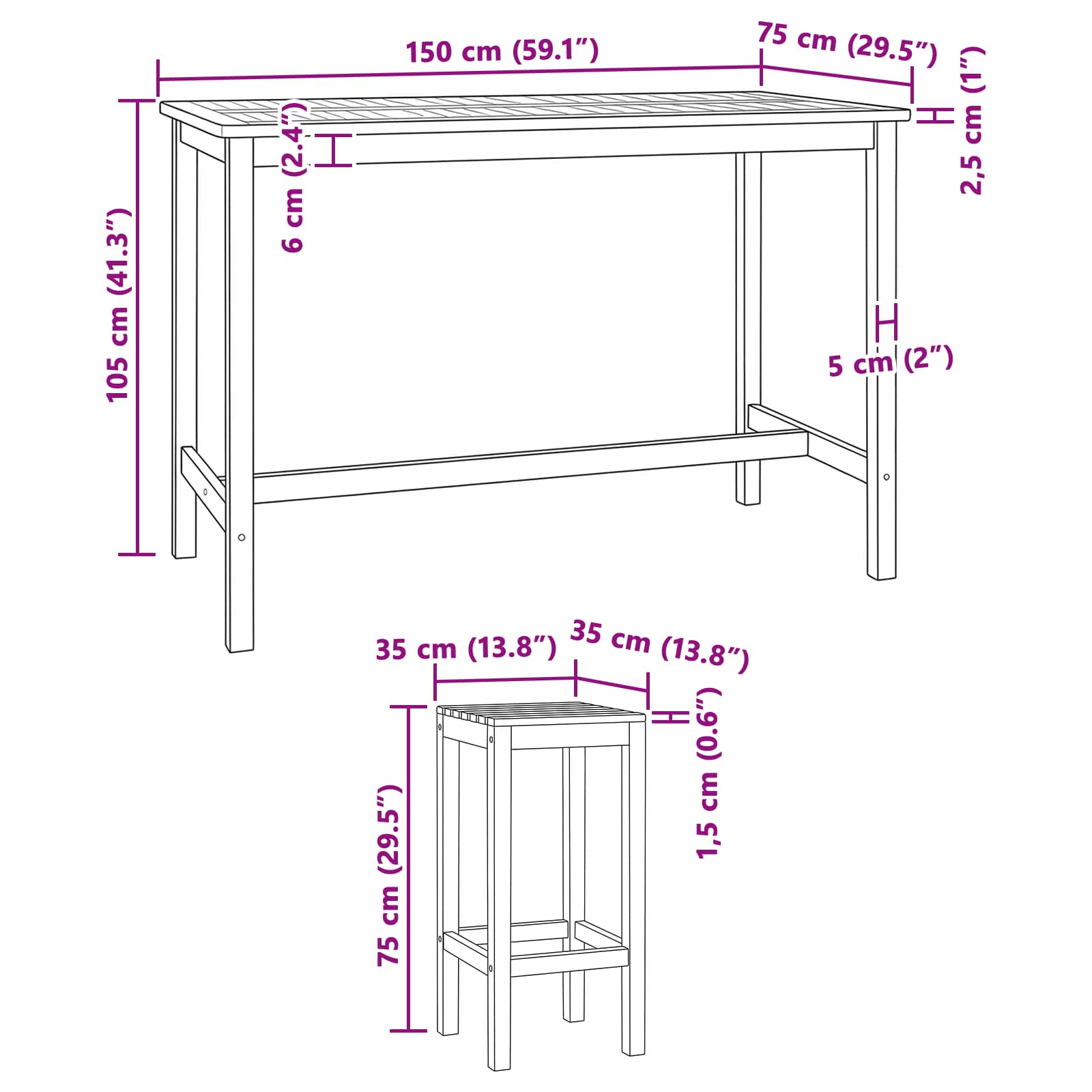 Outdoor Bar Set 7 pcs Unbehandelt Massivholz Teak