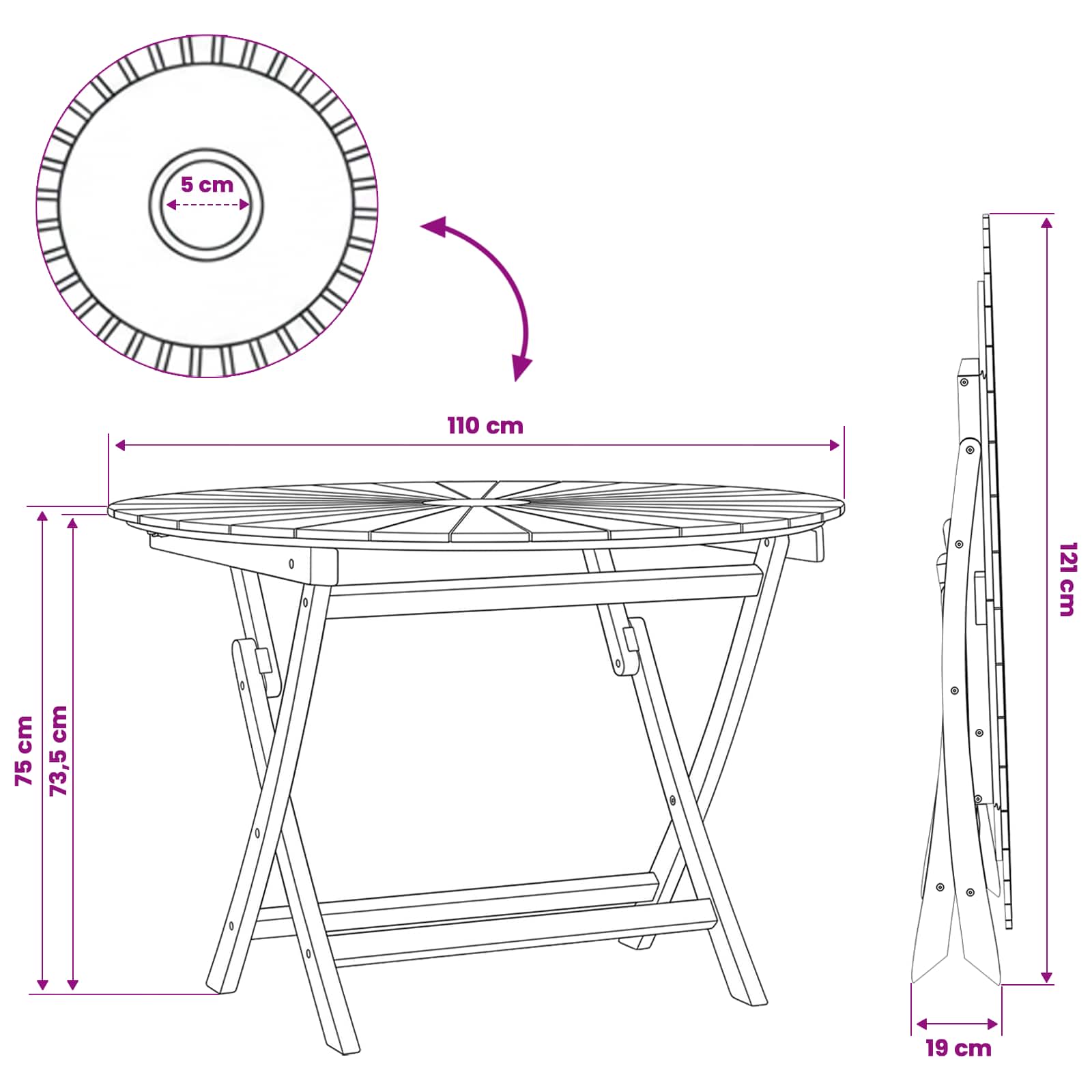 Klappbarer Gartentisch Natur Ø 110 x 75 cm Teak-Massivholz