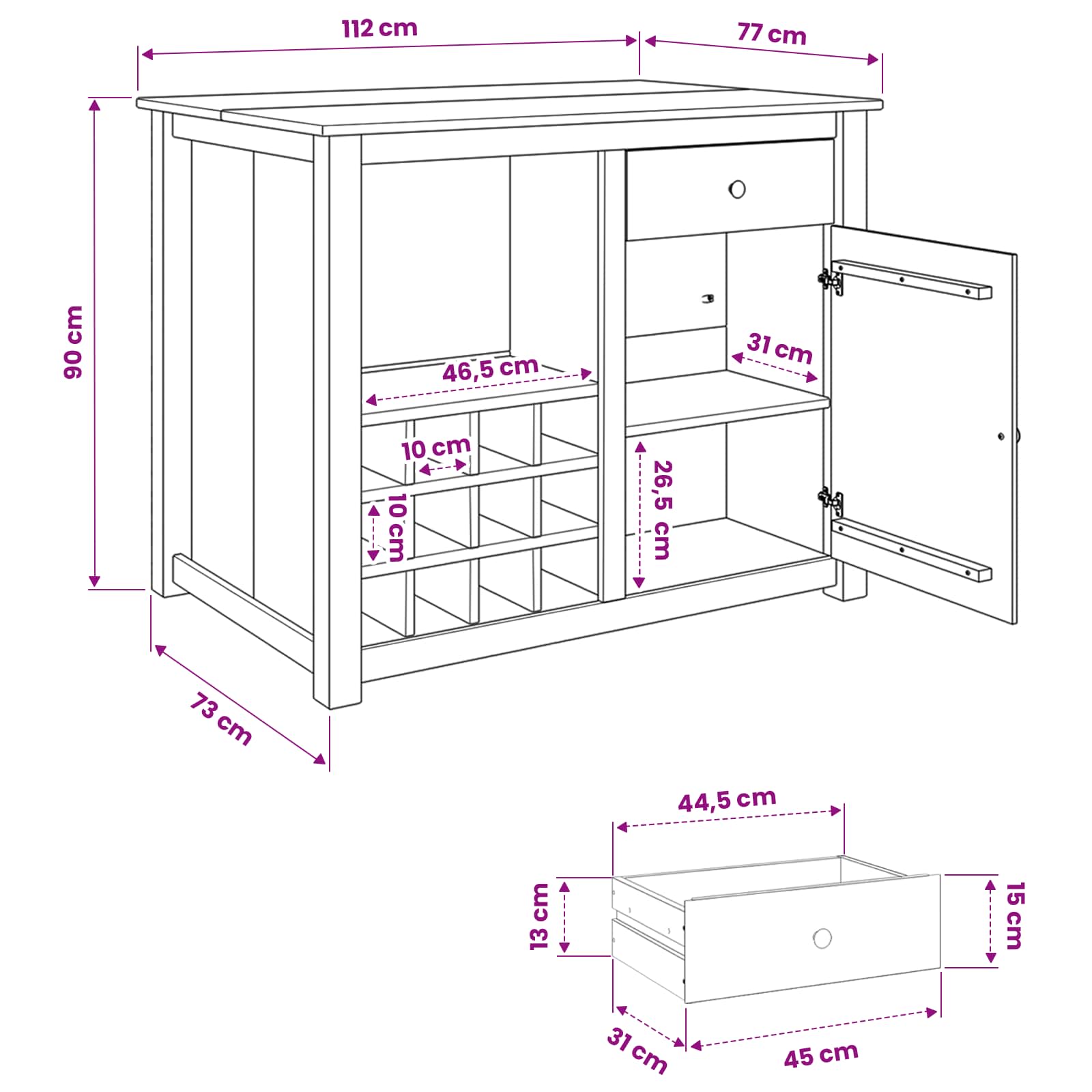 Küchentrolley PANAMA 2 pcs Weiß und Honigwachs 112 x 77 x 90 cm