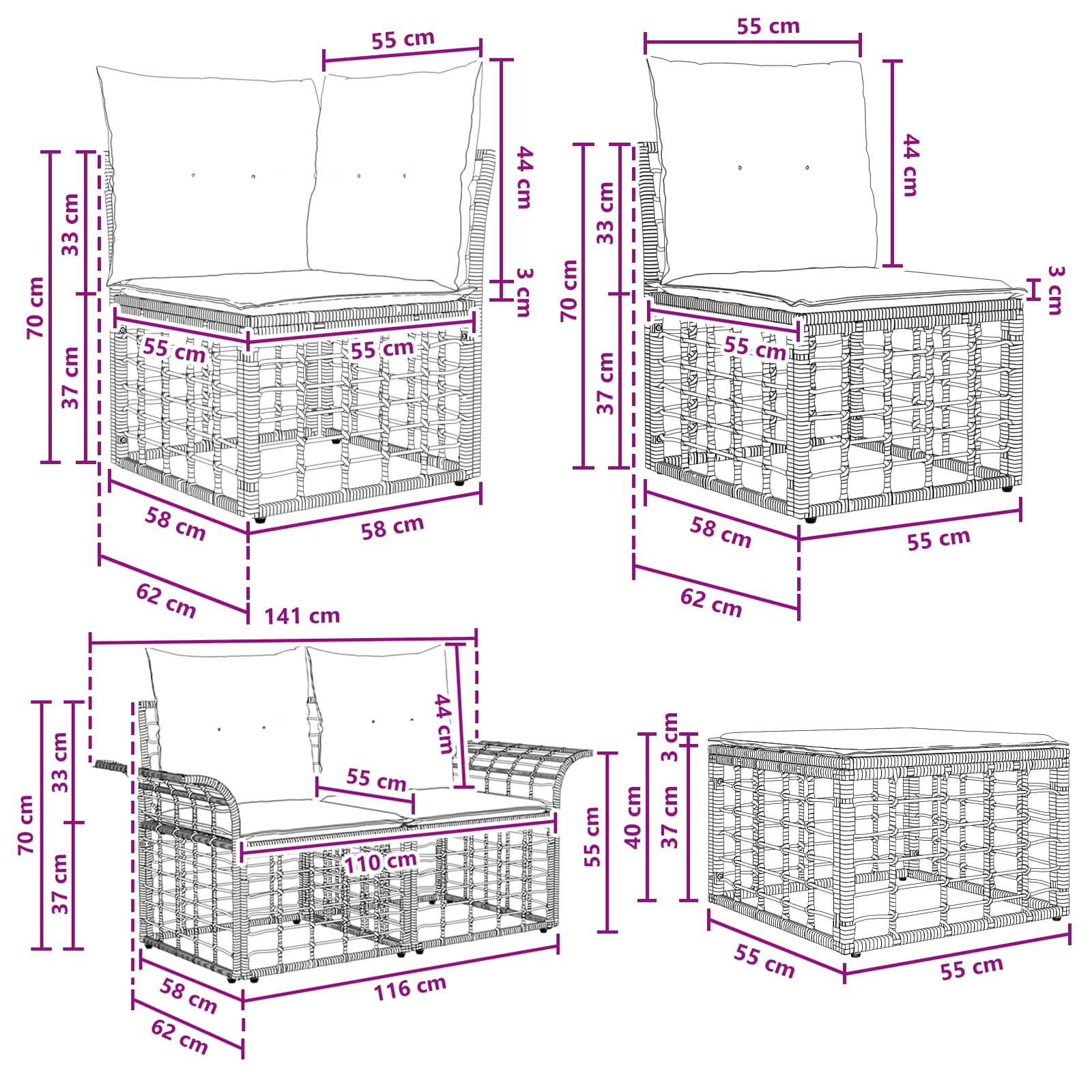 Gartensofa-set 12 pcs Natürlich und Cremweiß Poly-Rattan