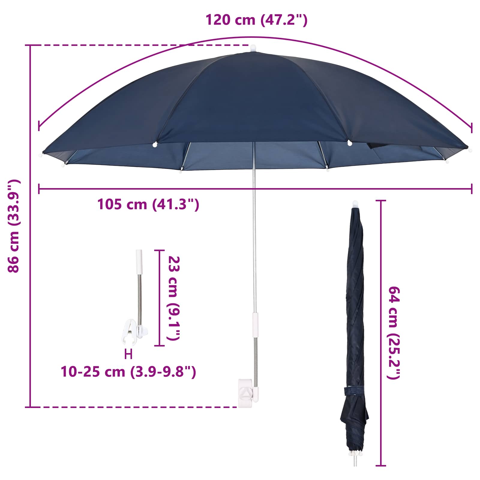 Sonnenschirm mit Klemme 2 pcs Marineblau Ø 105 x 86 cm