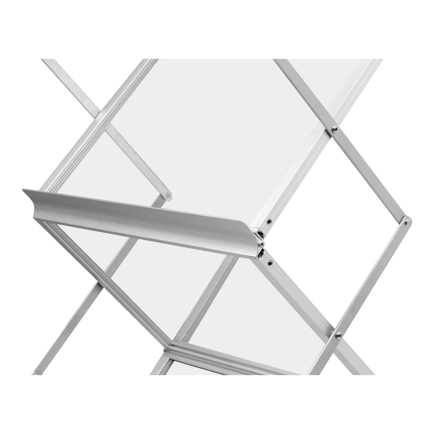 Lausitzer Marktplatz Montana A3 Broschürenständer mit schwarzem Metallrahmen und durchsichtigen Plexiglasregalen.