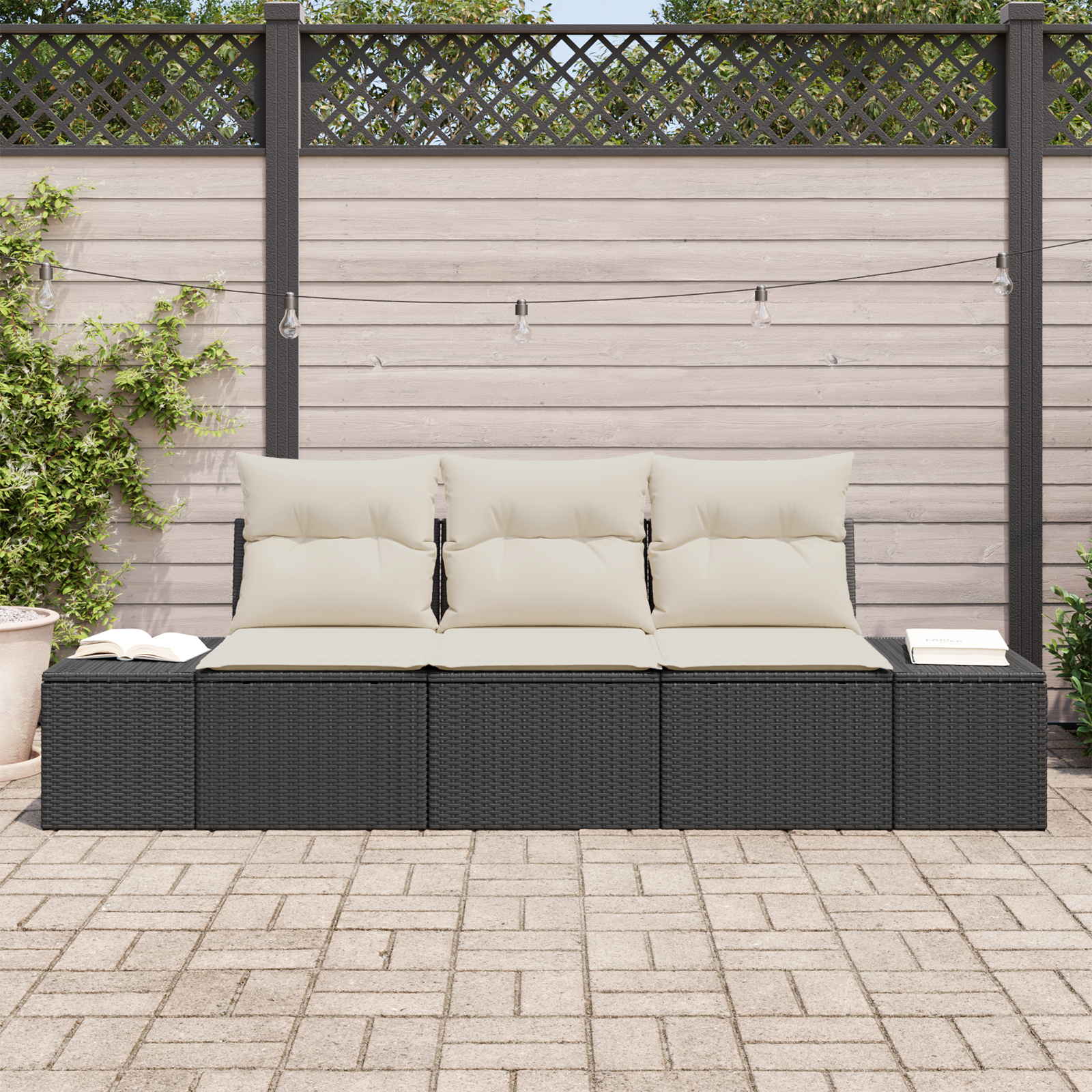 Gartensofa-set mit Speicher 3 pcs Schwarz und Creme Poly-Rattan