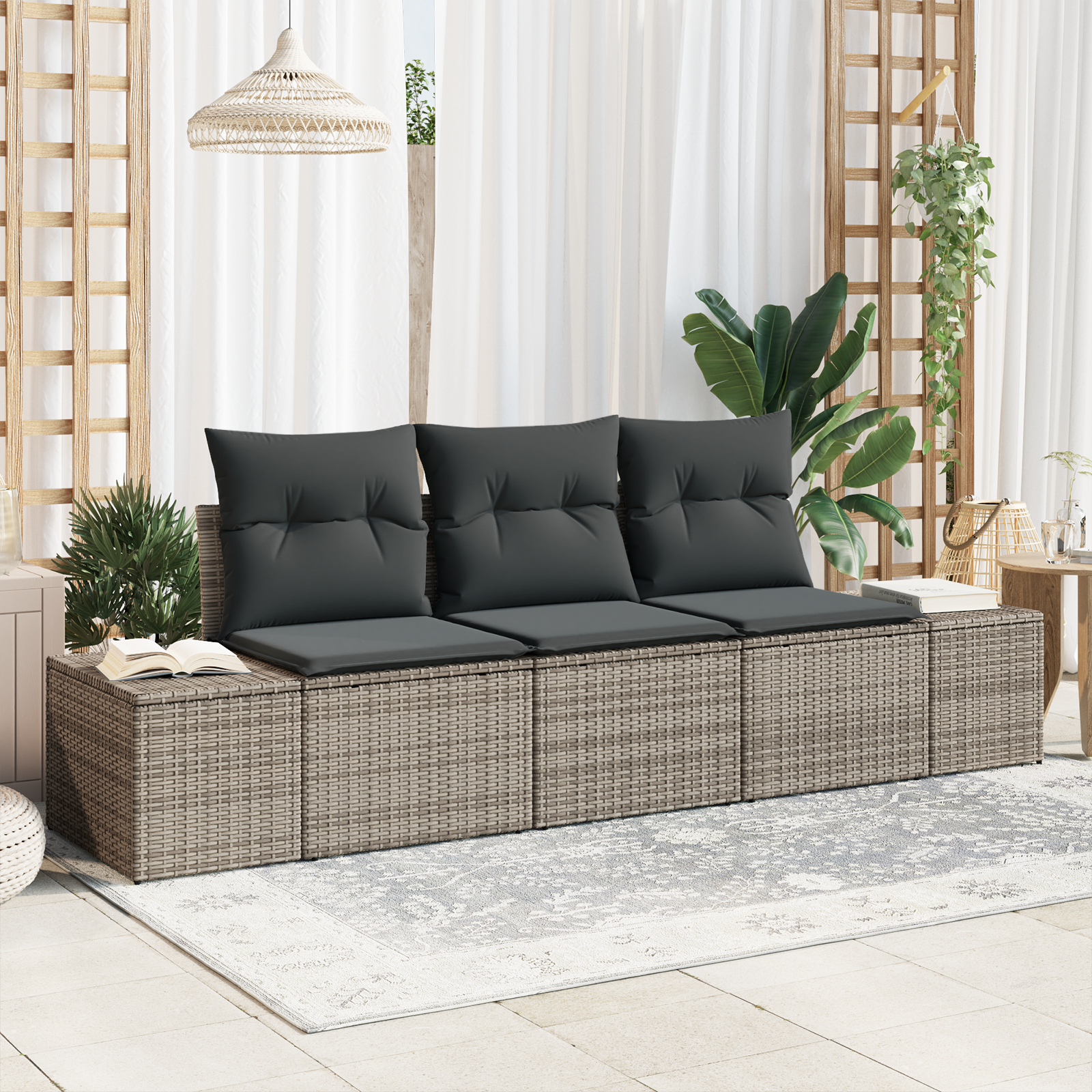 Gartensofa-set mit Speicher 3 pcs Grau Poly-Rattan