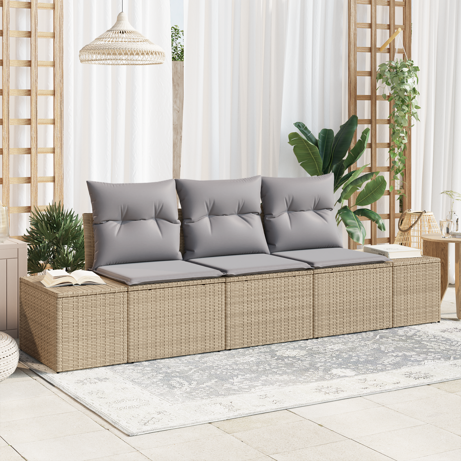 Gartensofa-set 3 pcs Beige und Hellgrau Poly-Rattan