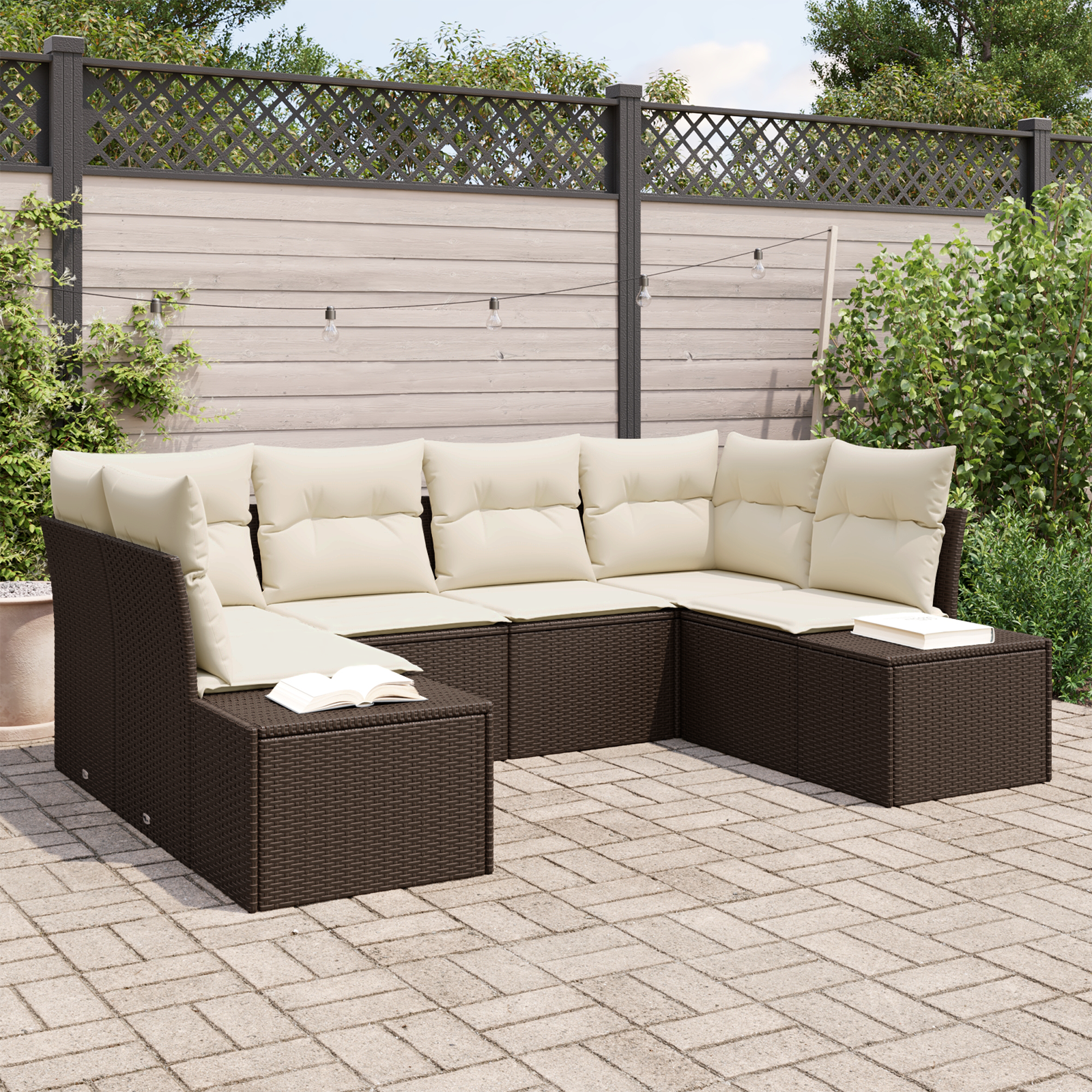 Gartensofa-set mit Speicher 6 pcs Braun und Creme Poly Rattan