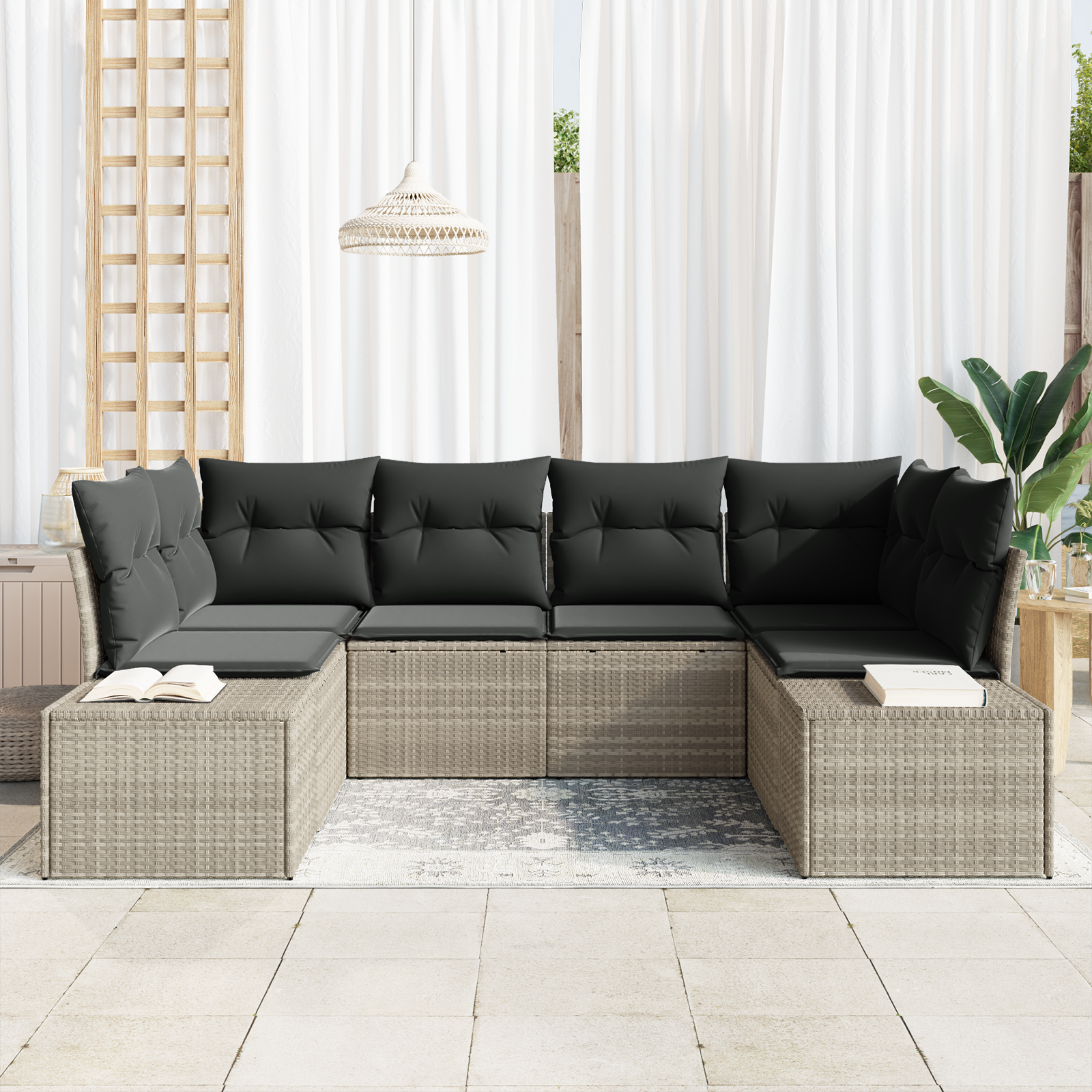Gartensofa-set mit Speicher 6 pcs Hellgrau Poly Rattan