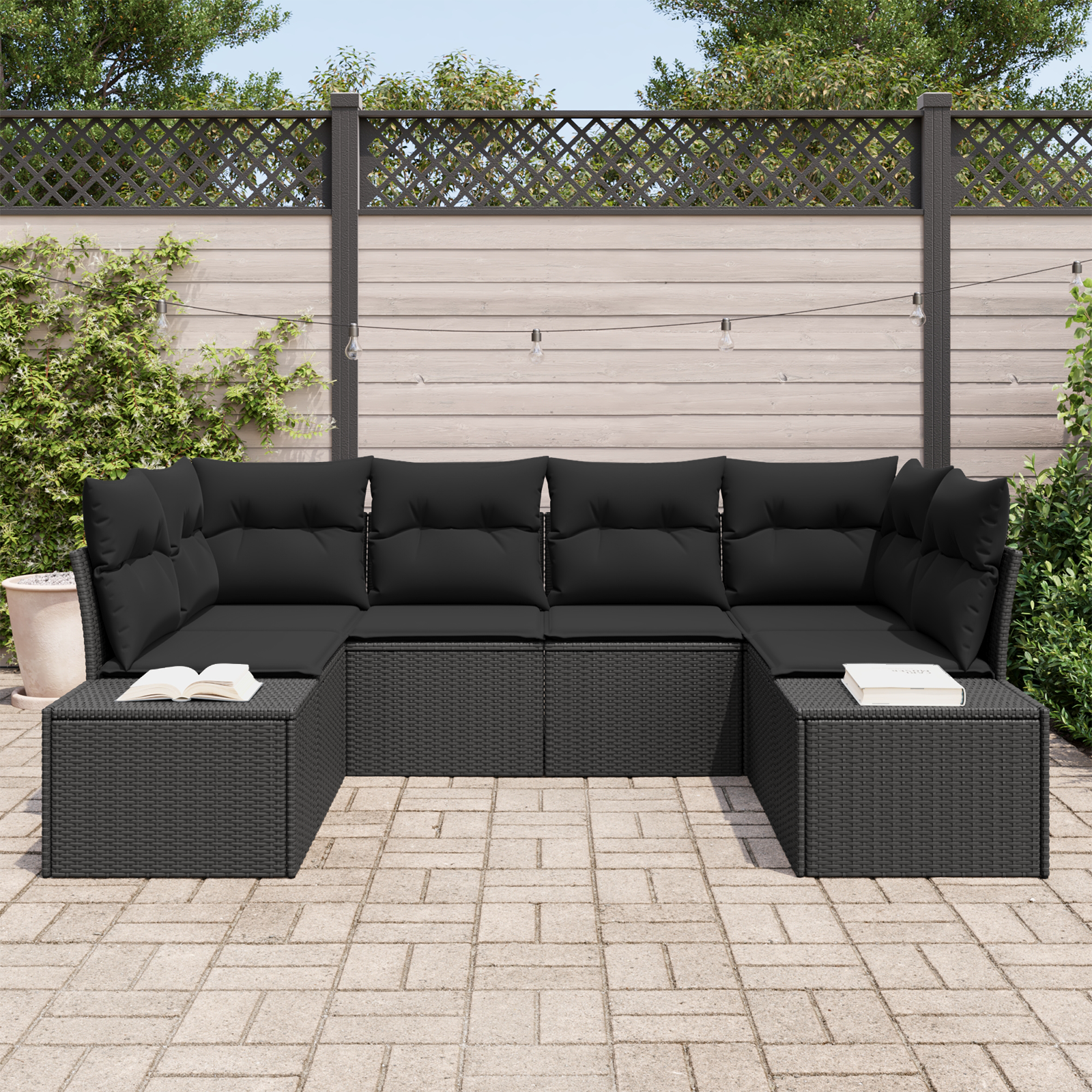 Gartensofa-set mit Speicher 6 pcs Schwarz Poly Rattan