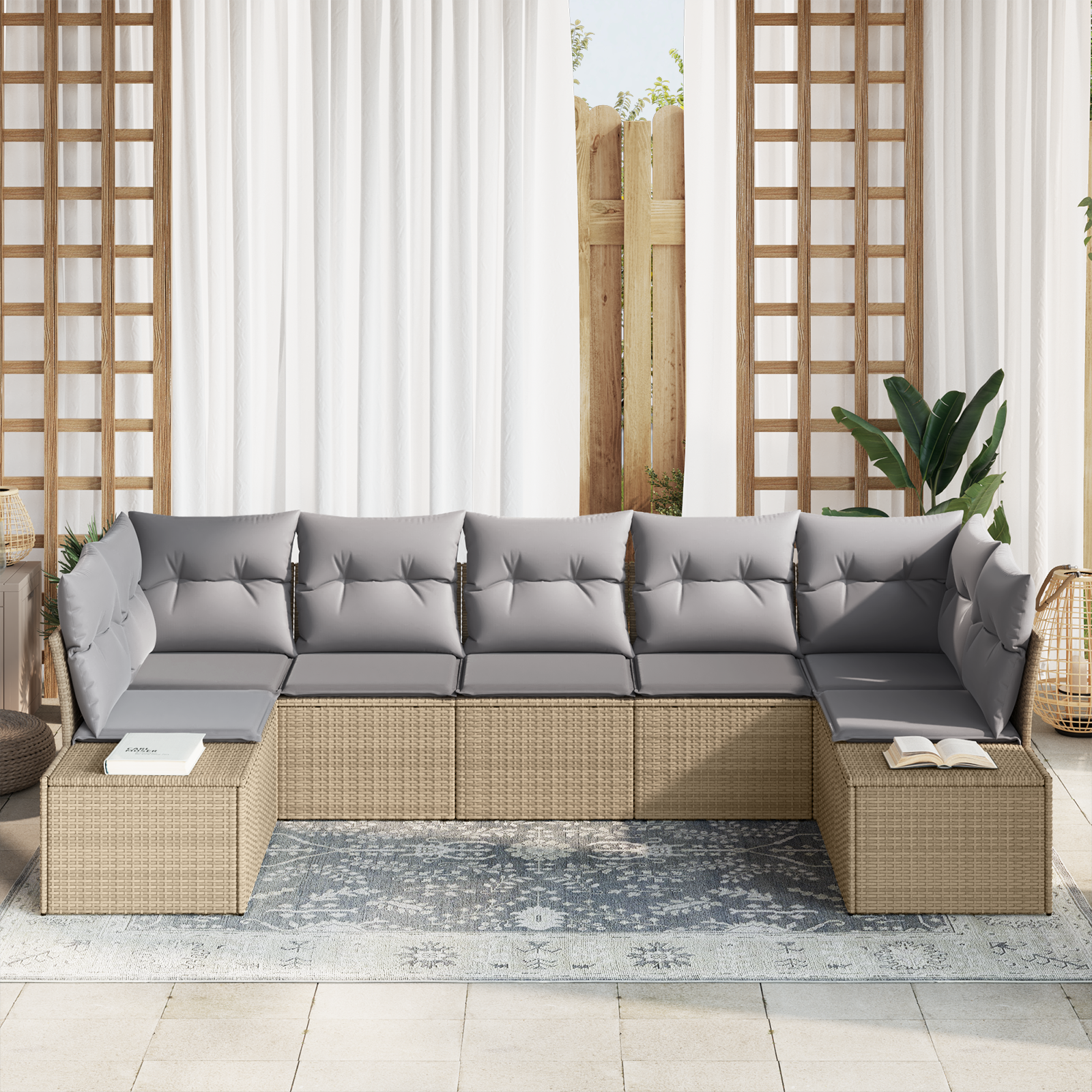 Gartensofa-set 7 pcs Beige und Hellgrau Poly Rattan