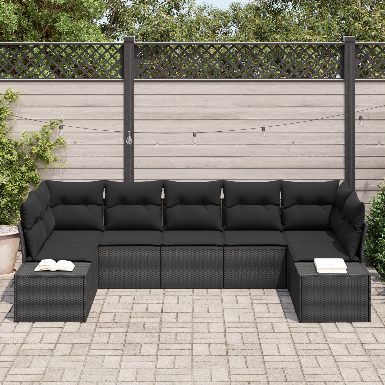 Gartensofa-set mit Speicher 7 pcs Schwarz Poly Rattan