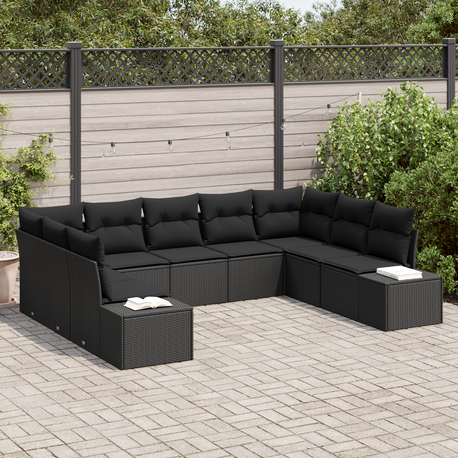 Gartensofa-set mit Kissen 9 pcs Schwarz Polyrattan