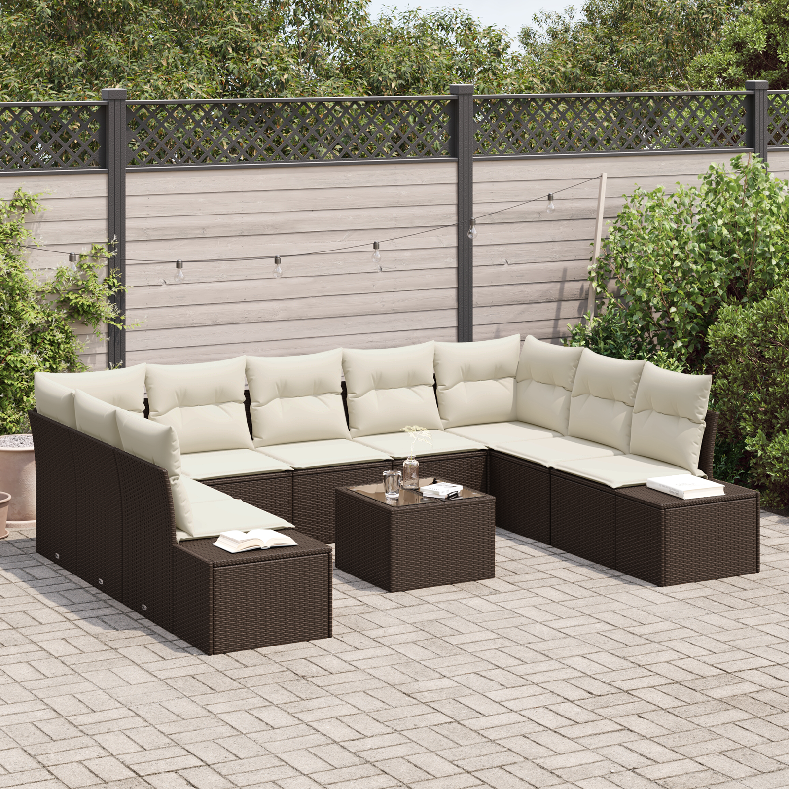 Gartensofa-set mit Kissen 9 pcs Braun und Creme Polyrattan