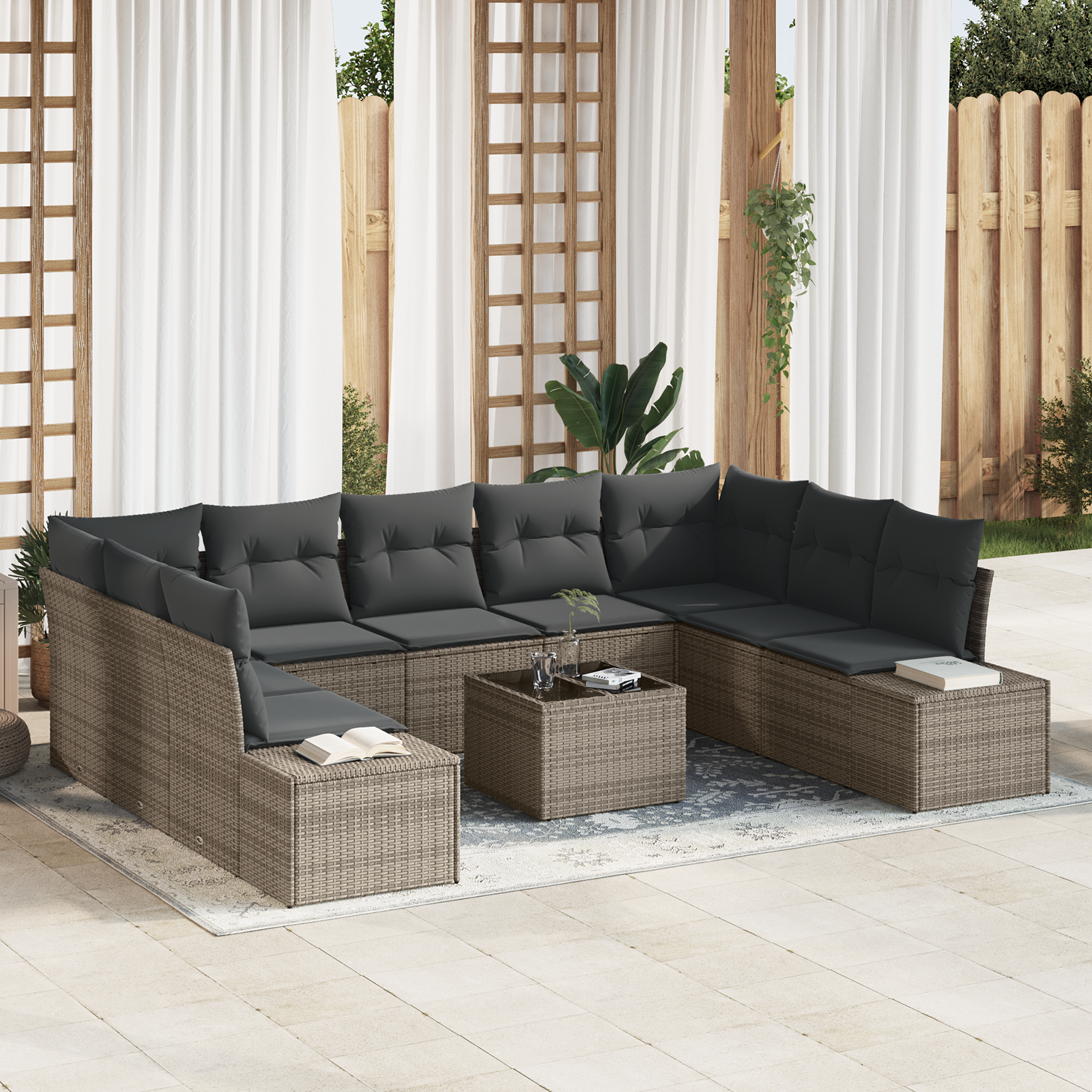 Gartensofa-set mit Kissen 9 pcs Grau Polyrattan