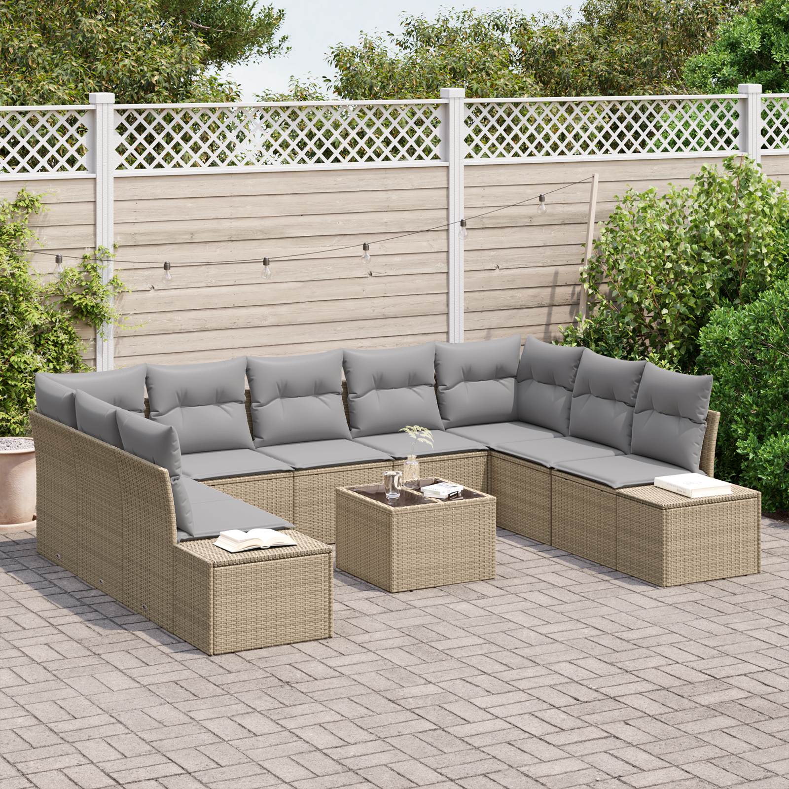 Gartensofa-set mit Kissen 9 pcs Beige und Hellgrau Polyrattan