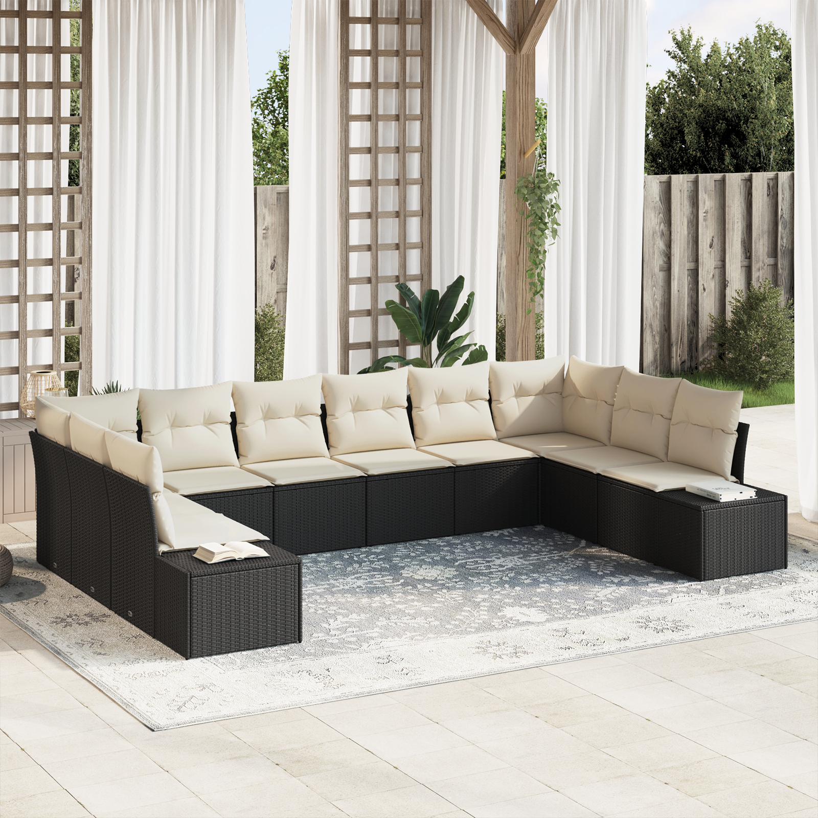 Gartensofa-set mit Kissen 10 pcs Schwarz und Creme Polyrattan