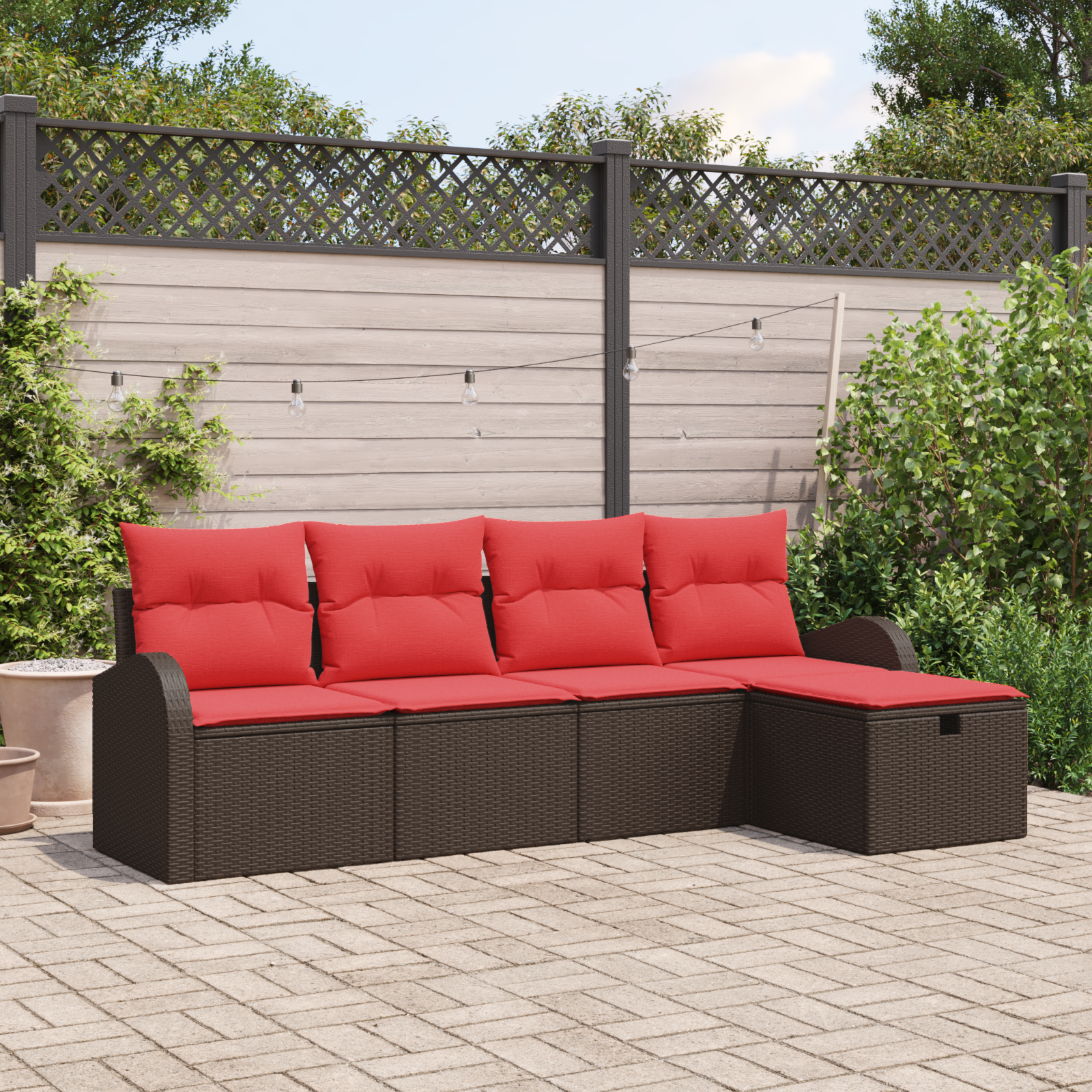 Sofa Set mit Kissen 5 pcs Braun und Rot Poly-Rattan