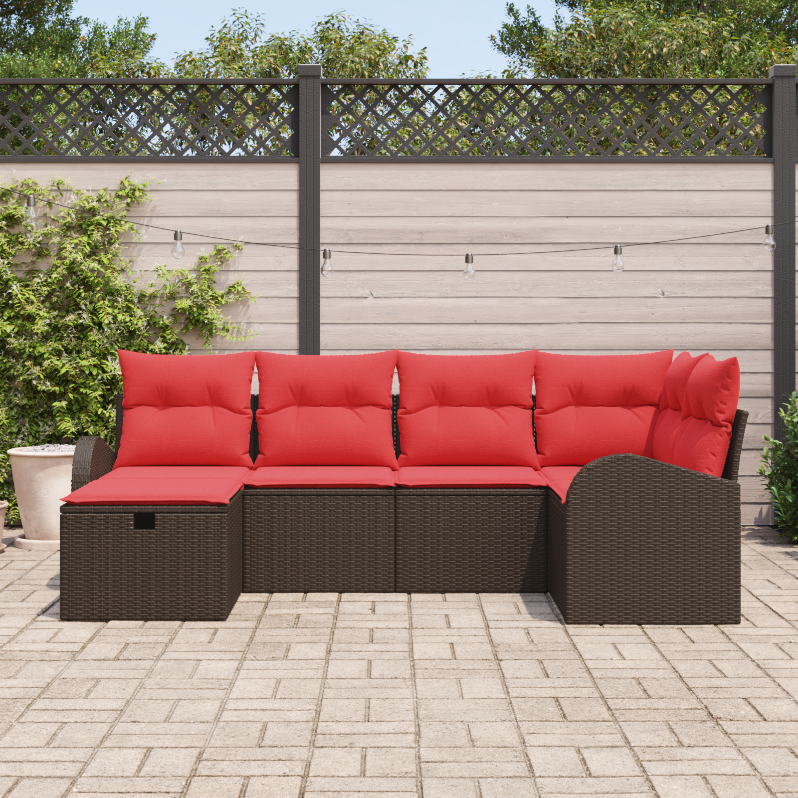 Sofa Set mit Kissen 6 pcs Braun und Rot Poly-Rattan