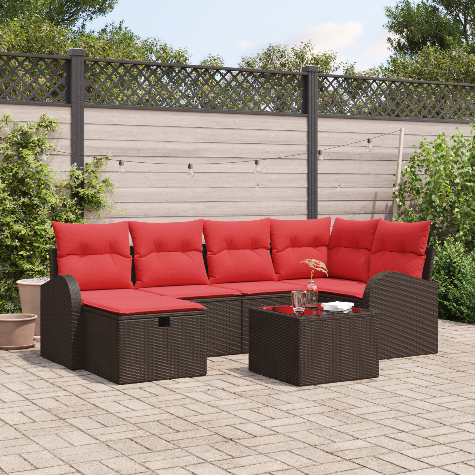 Sofa Set mit Kissen mit Speicher Braun und Rot Poly-Rattan