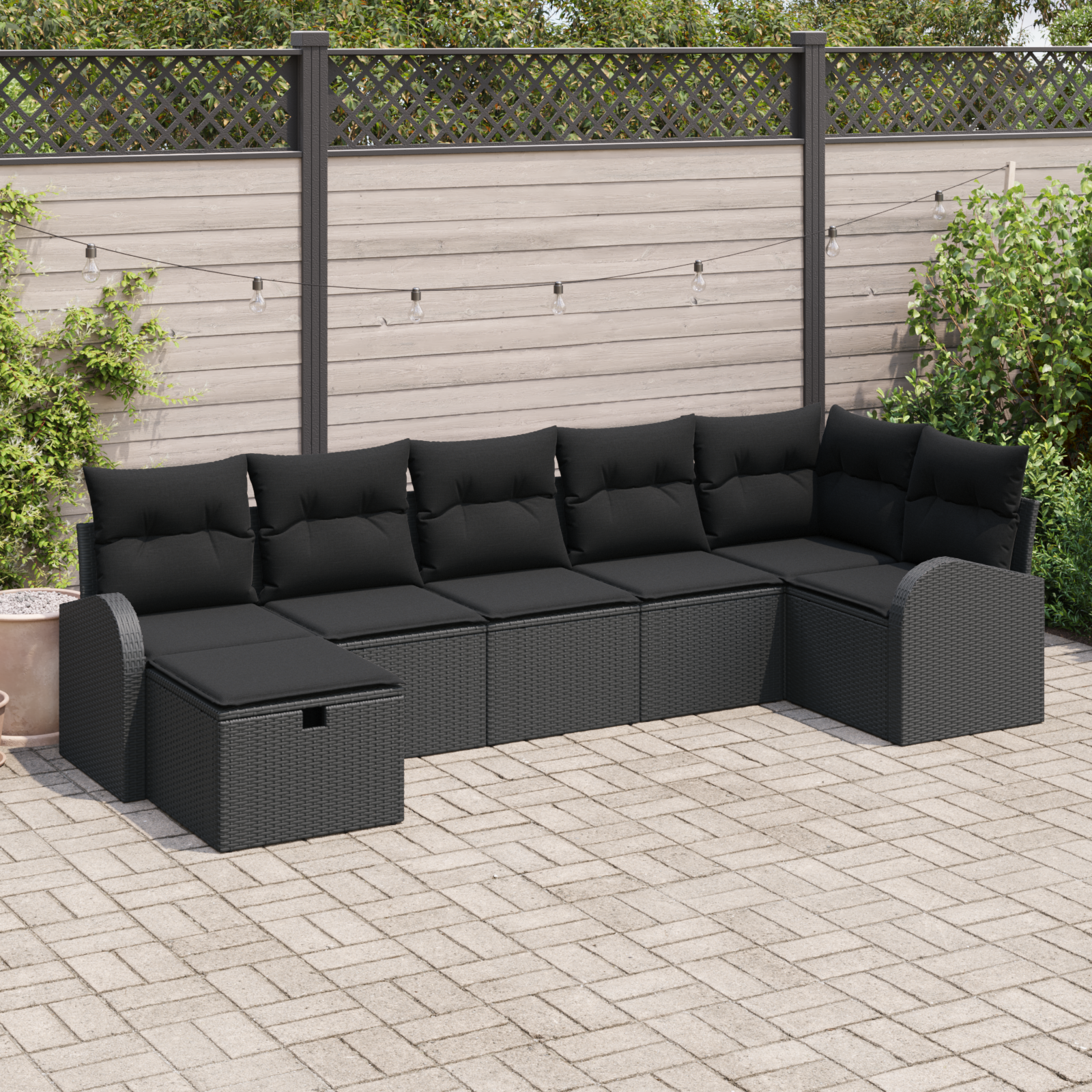 Sofa Set mit Kissen mit Speicher 7 pcs Schwarz Poly-Rattan