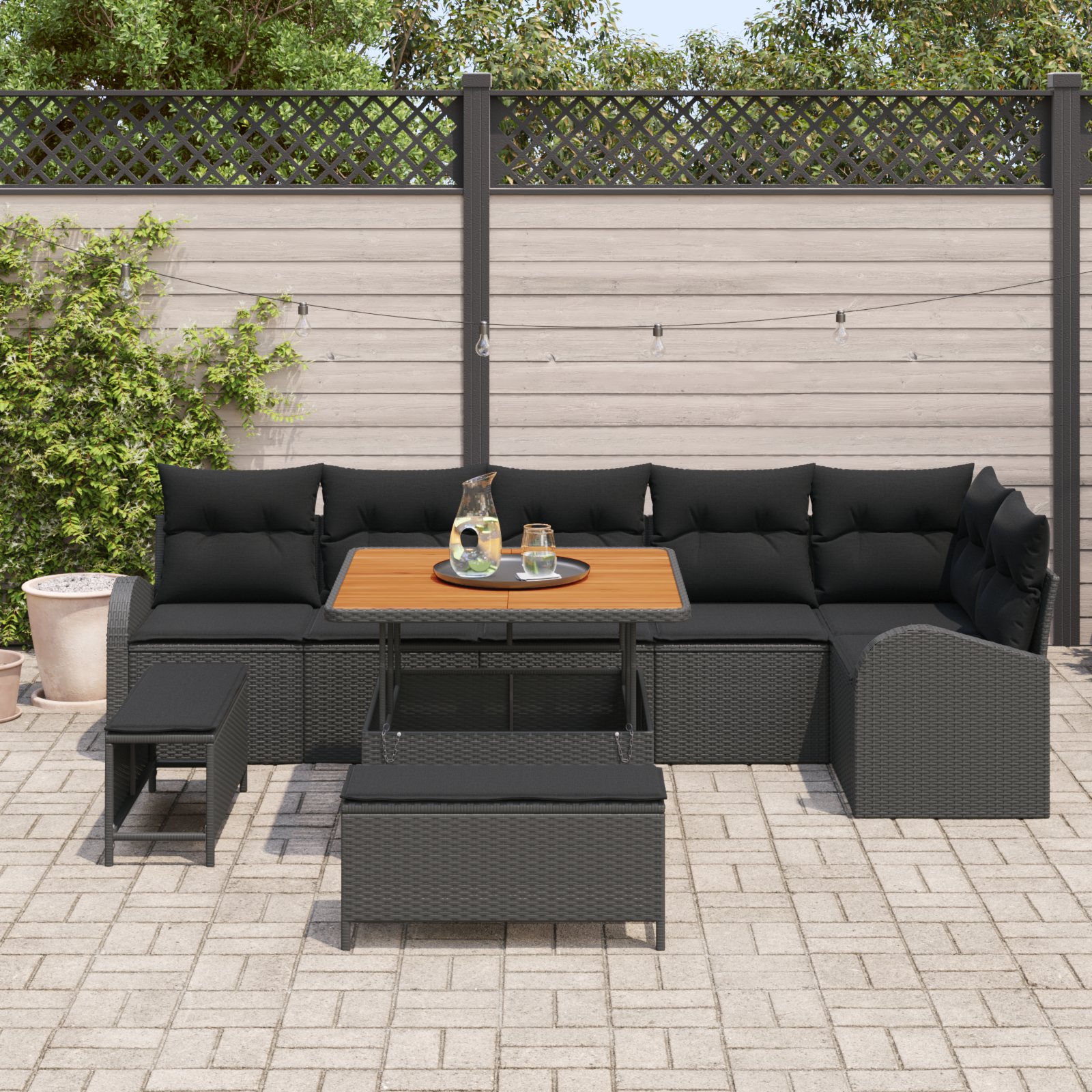 Garten-Sofa-Set mit Kissen mit Speicher 9 pcs Schwarz