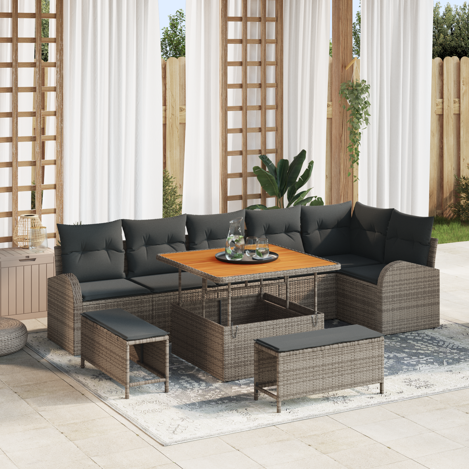 Garten-Sofa-Set mit Kissen mit Speicher mit Kissen 9 pcs Grau