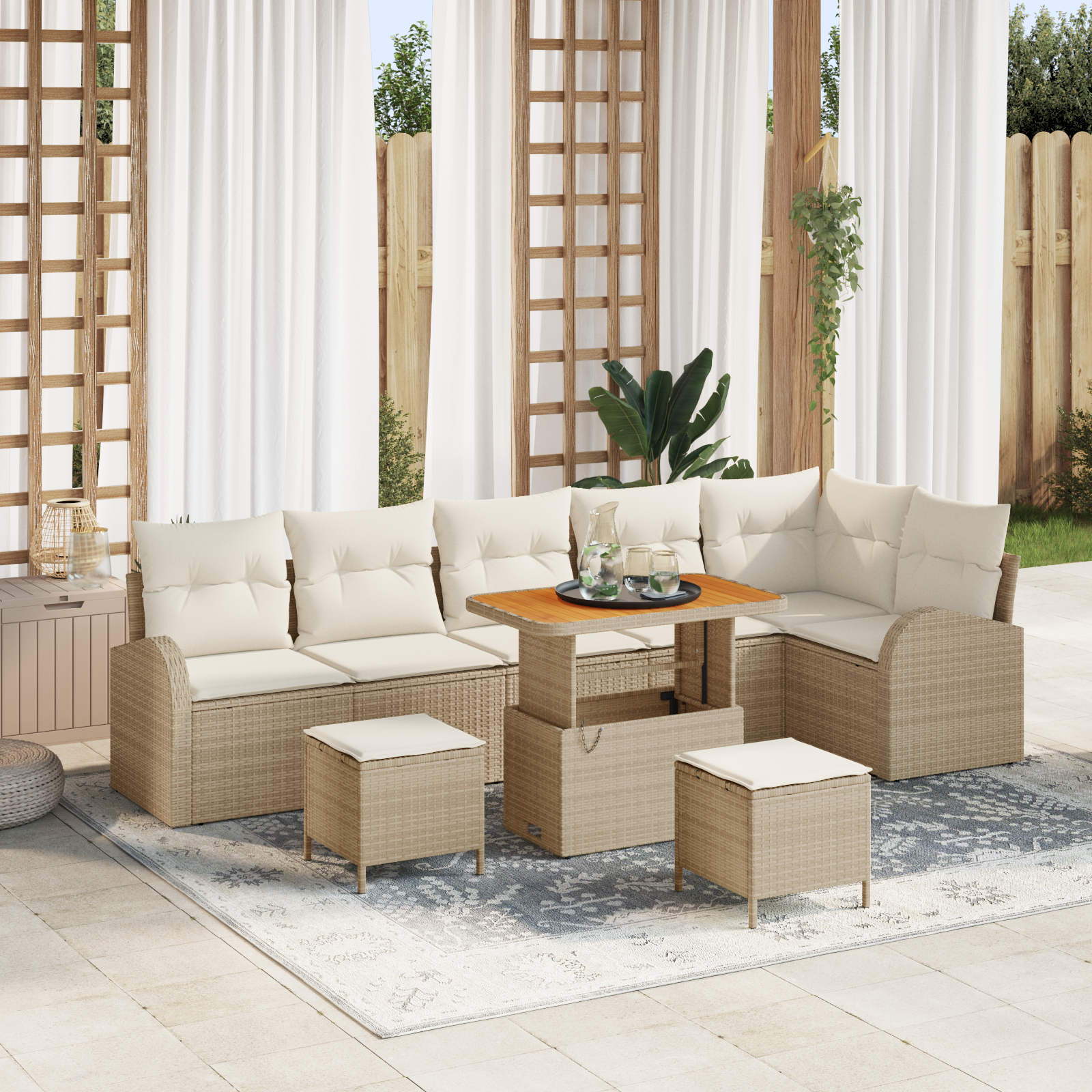 Garten-Sofa-Set mit Kissen mit Speicher 9 pcs Beige und Creme