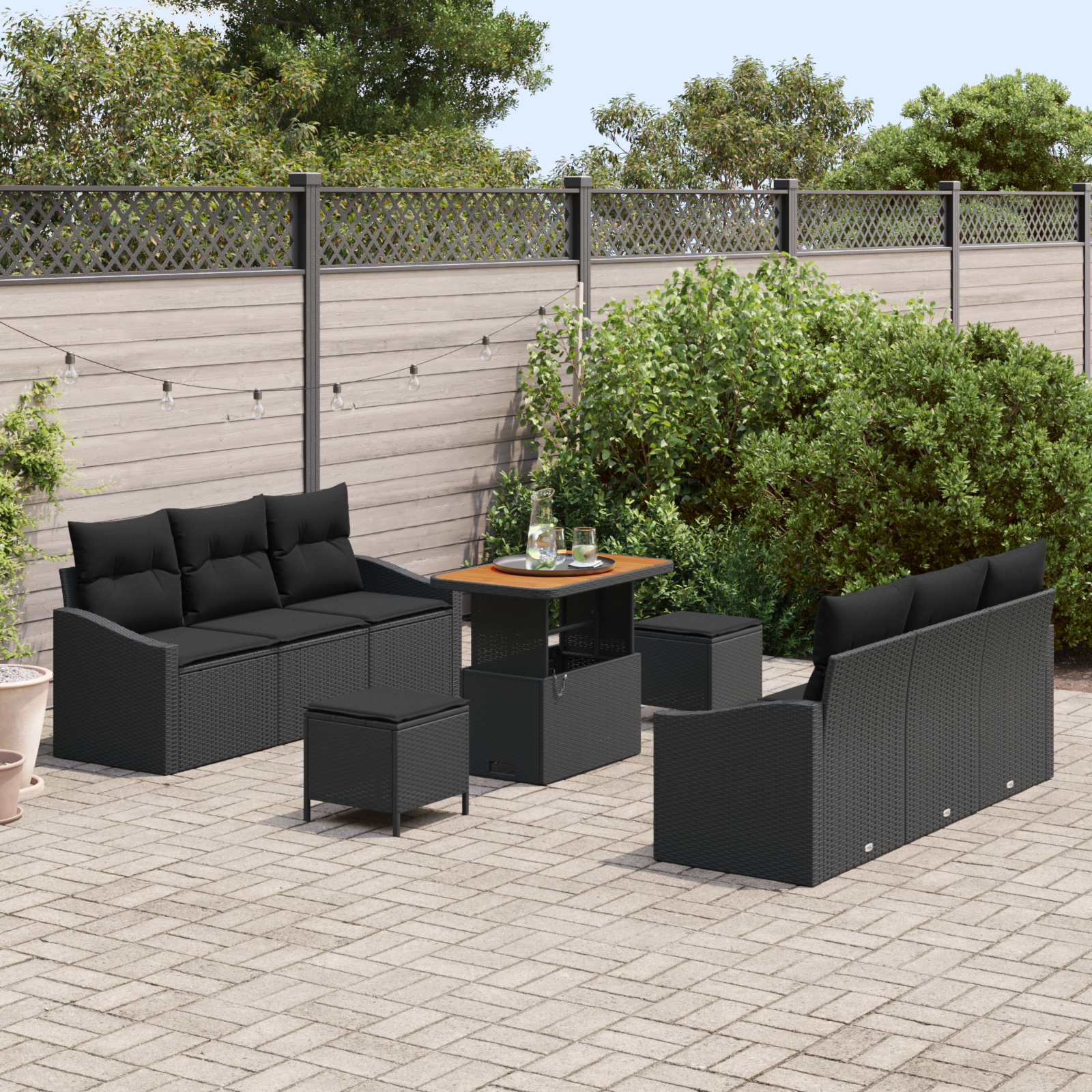 Garten-Sofa-Set mit Kissen mit Speicher 9 pcs Schwarz