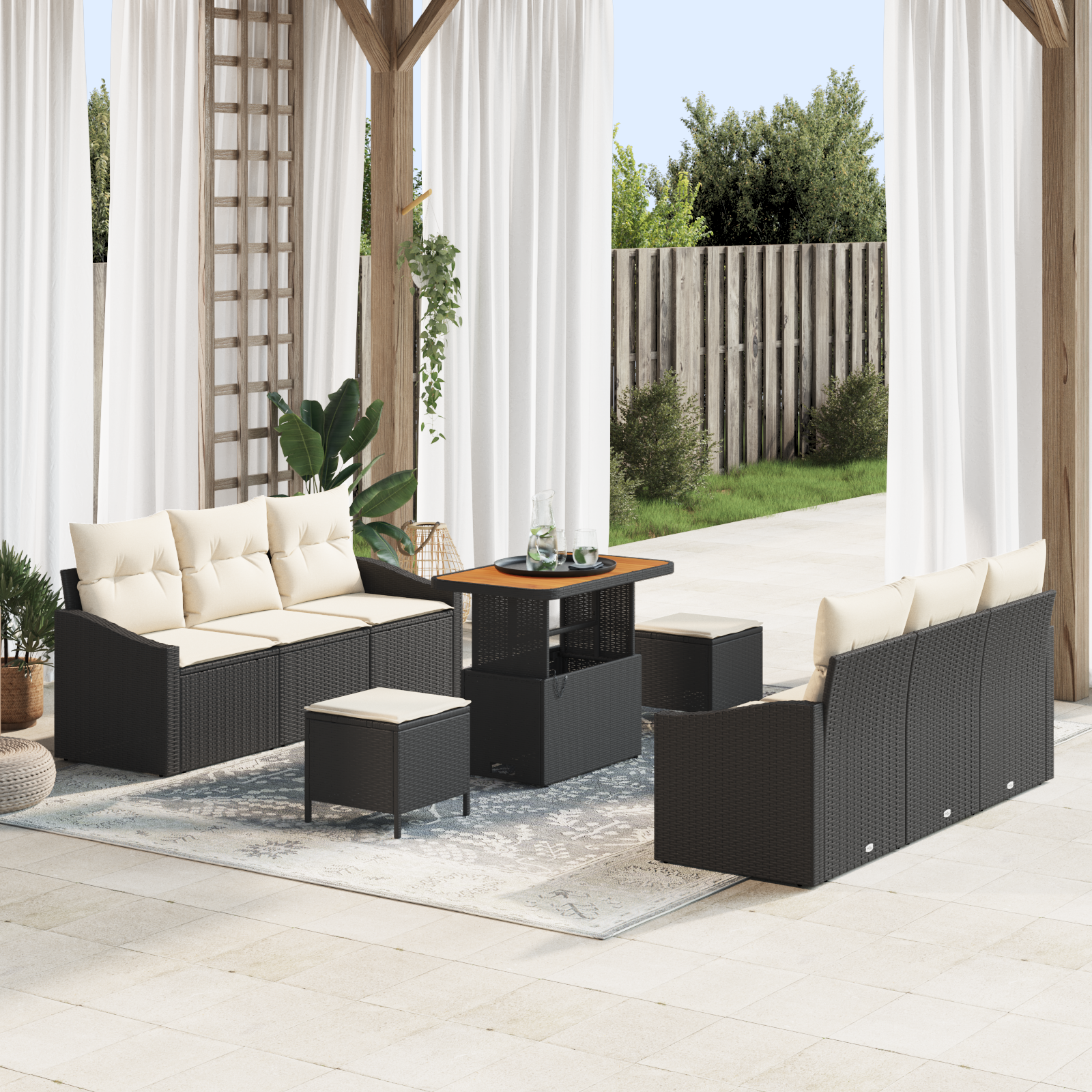 Garten-Sofa-Set mit Kissen mit Speicher 9 pcs Schwarz und Creme