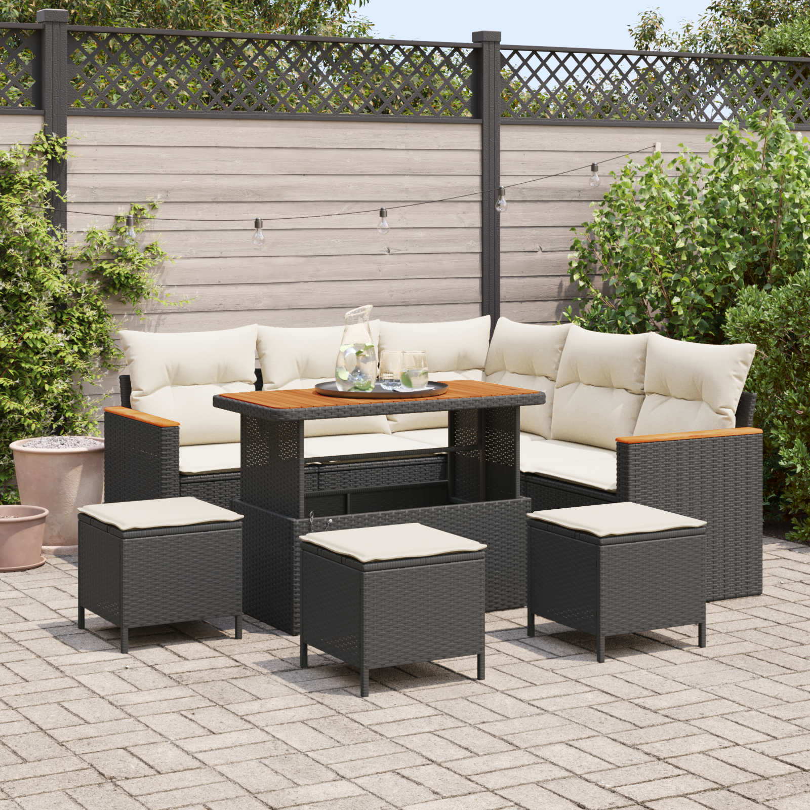 Garten-Sofa-Set mit Kissen mit Speicher Schwarz Poly Rattan